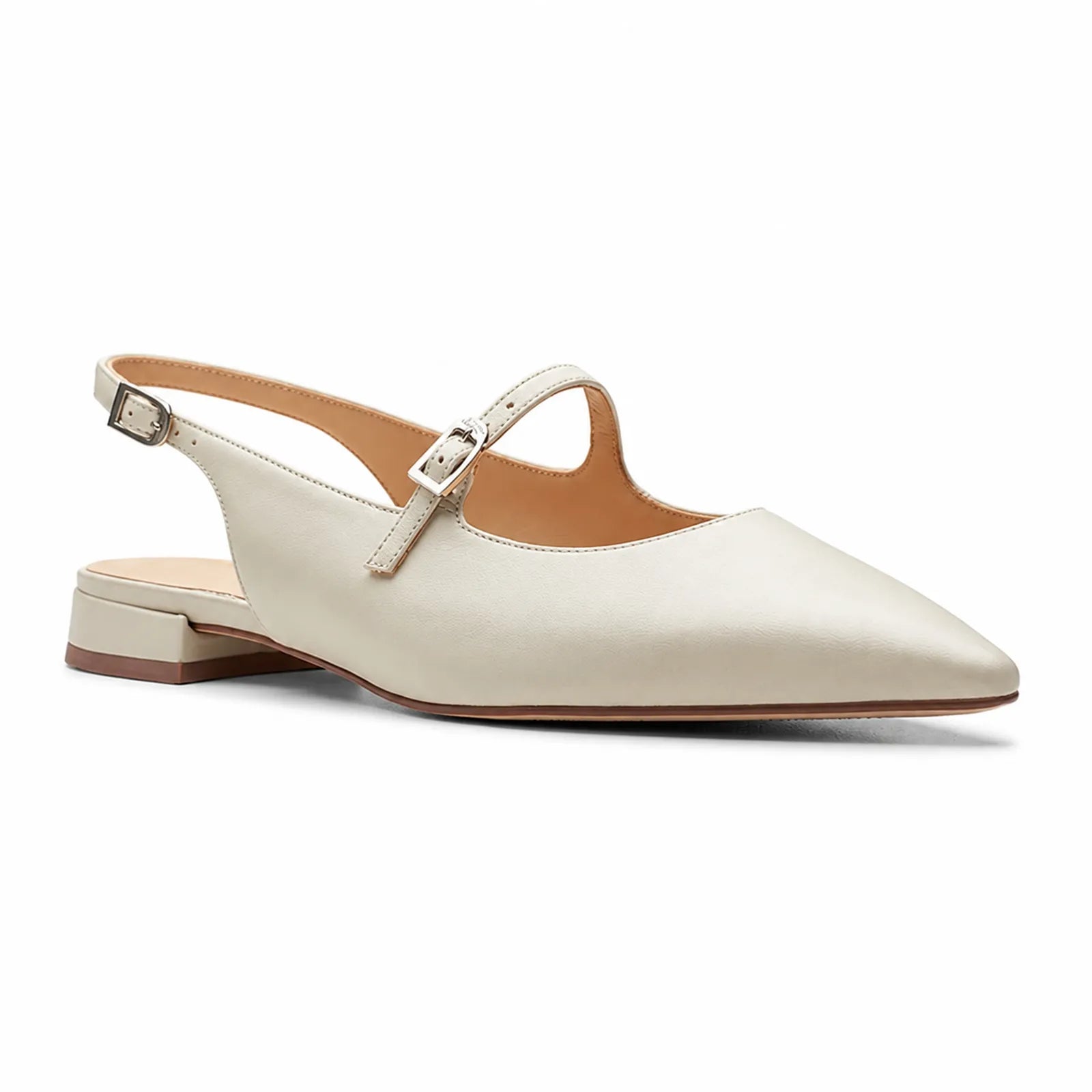 Women's white pointed-toe slingback sandals with adjustable buckle strap and low block heel