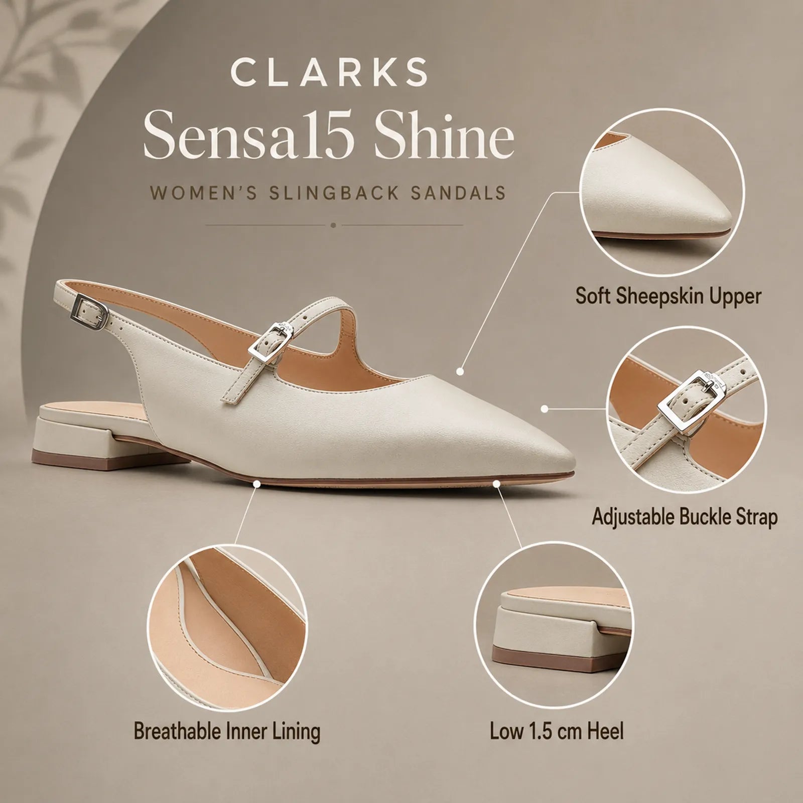 White slingback sandals with adjustable buckle strap and low 1.5 cm heel