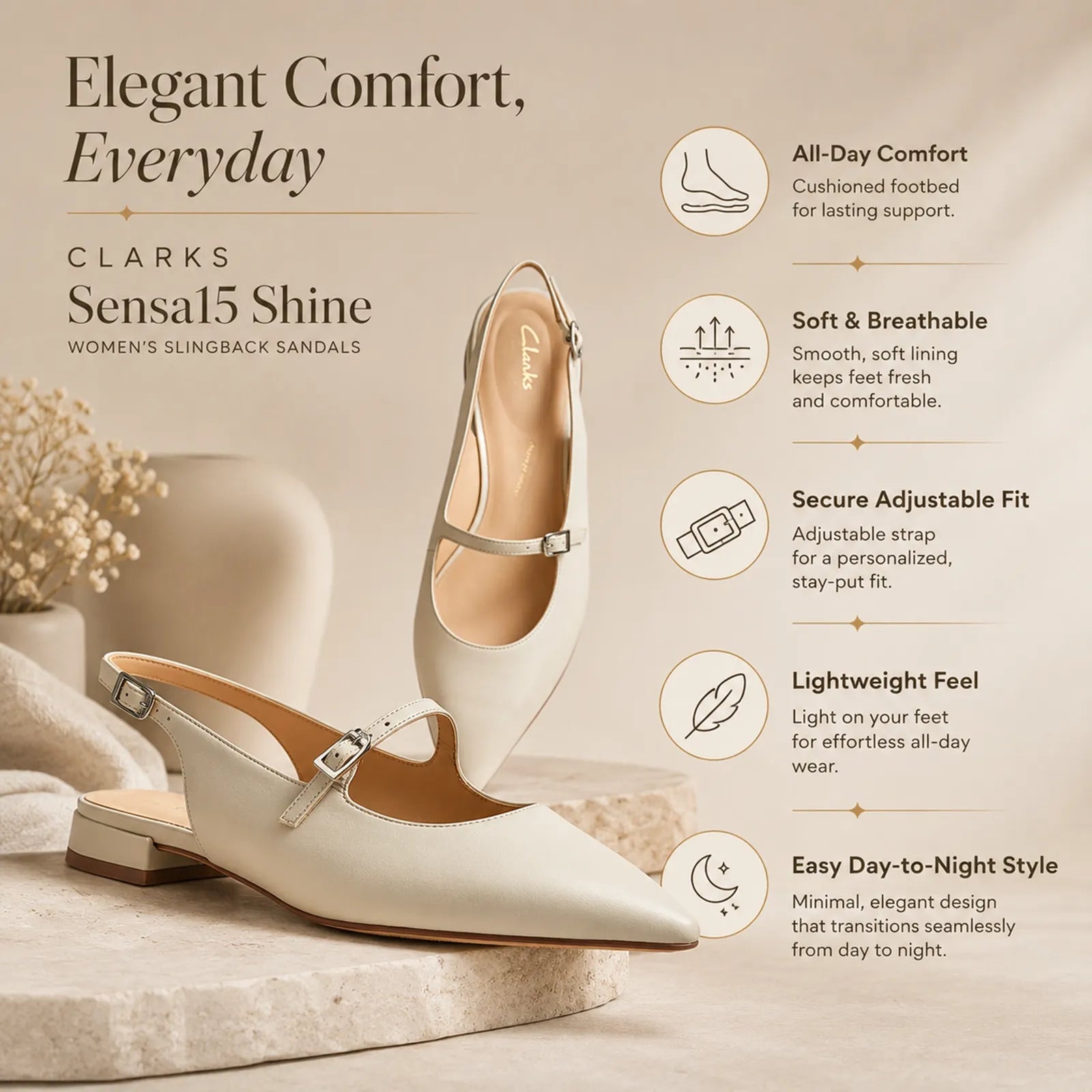 White slingback sandals, low block heel, buckle strap closure, pointed toe