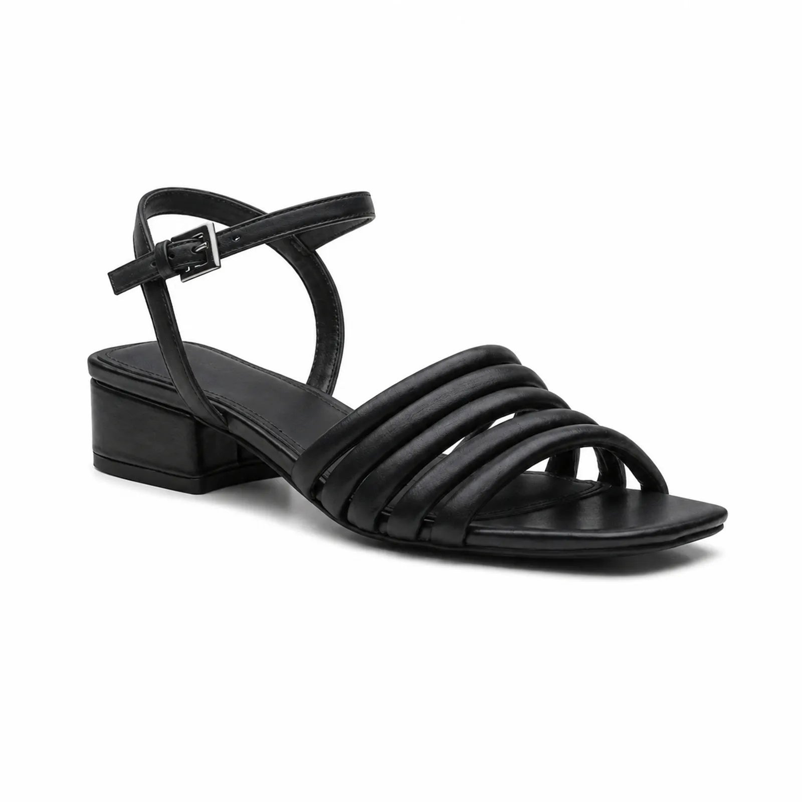 Black leather ankle-strap sandals with buckle and block heel
