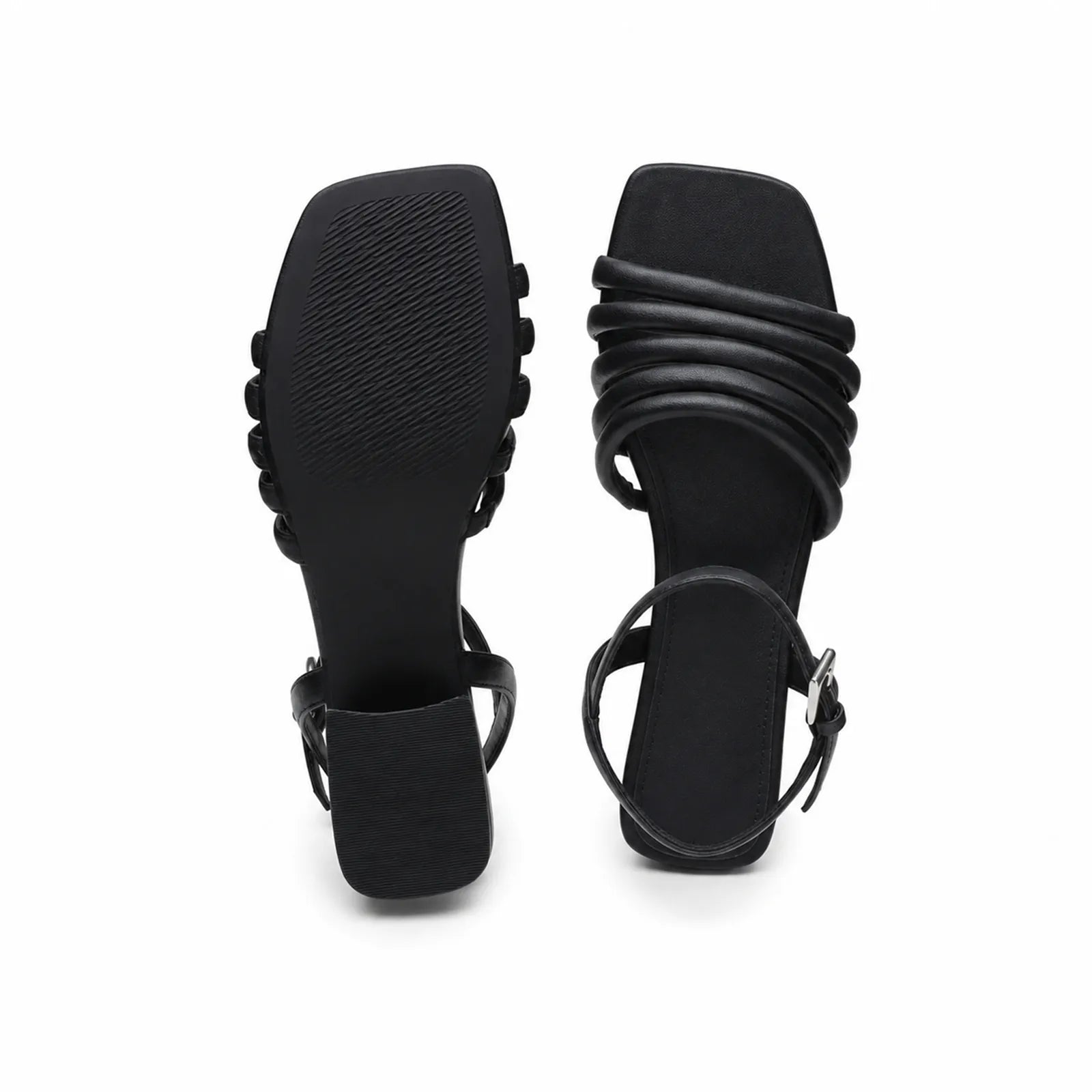Black sandals, open toe with ankle buckle and block heel