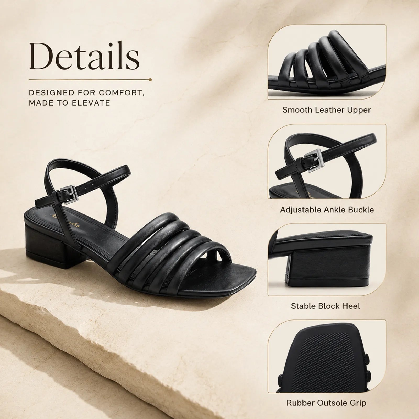 Black leather sandals with smooth upper, ankle buckle, block heel