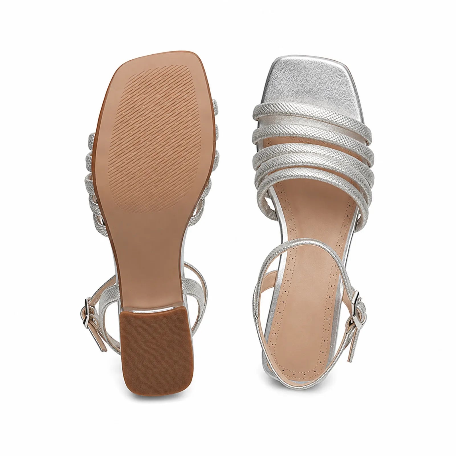 Metallic sandals showing outsole and footbed view