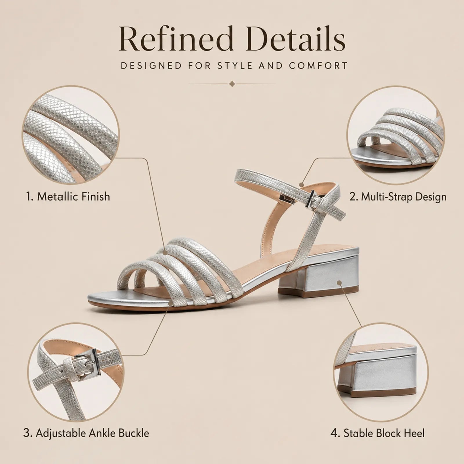Metallic leather women's sandals with multi-strap design, ankle buckle, and block heel