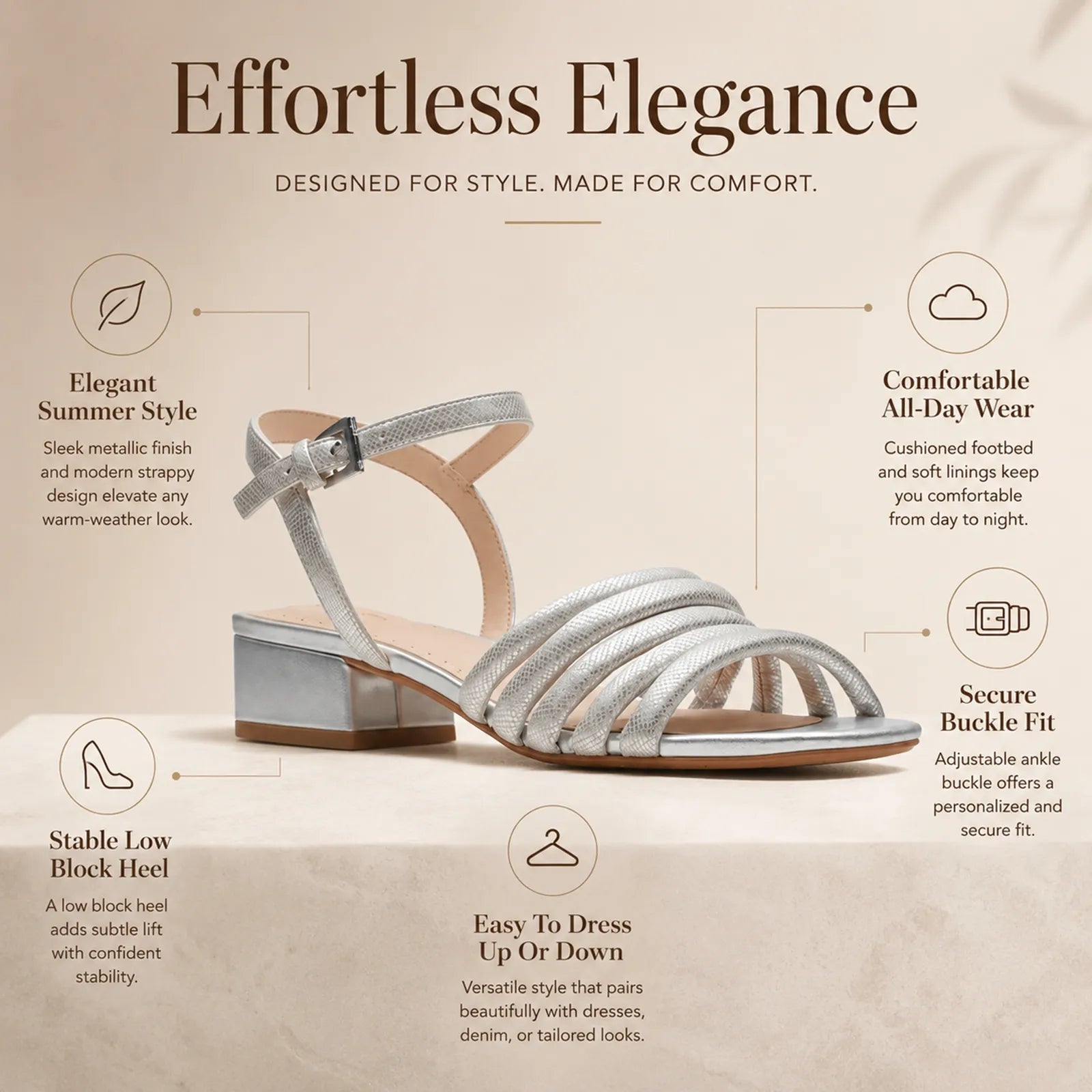Metallic leather women's multi-strap sandals with adjustable buckle and low block heel