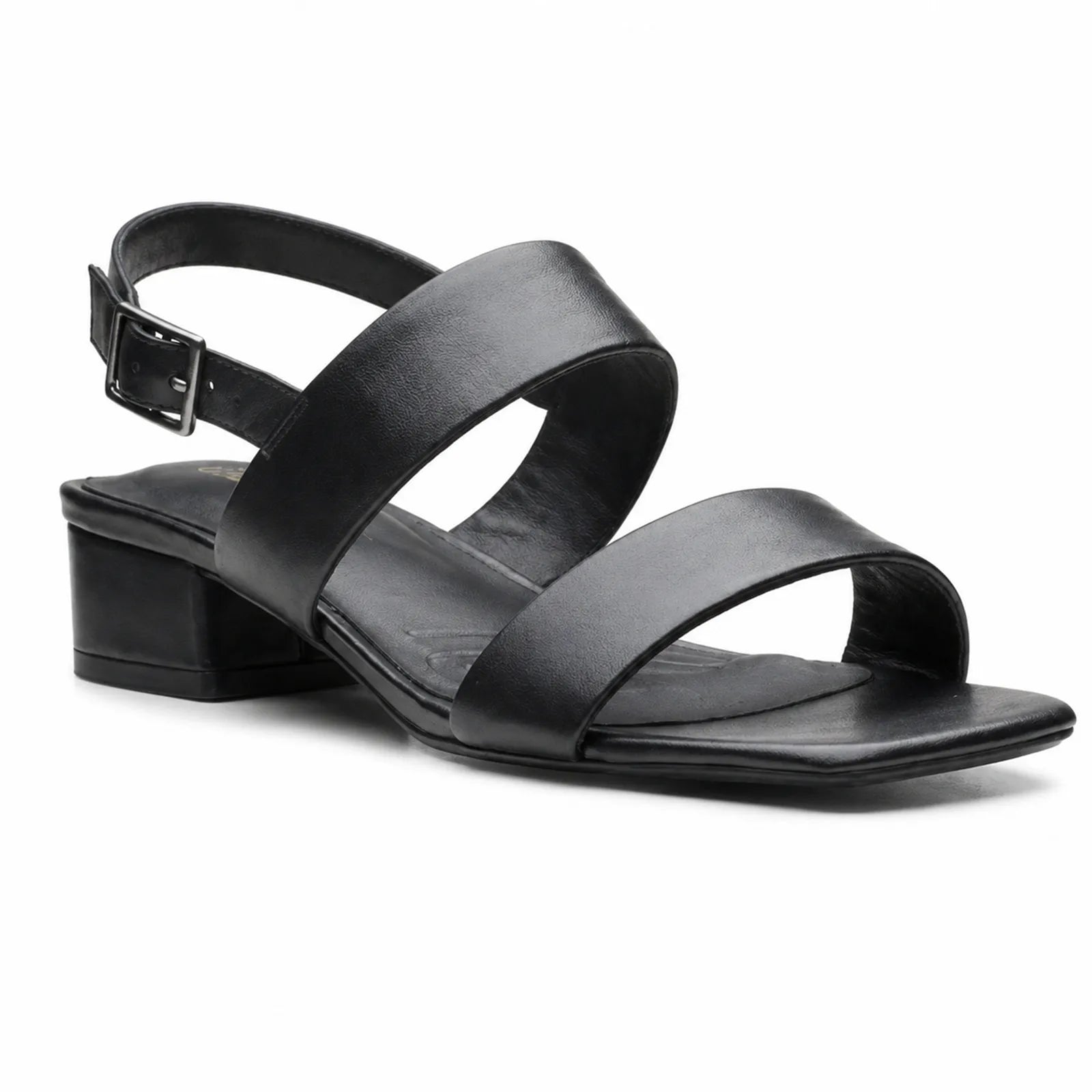 Black leather strap sandals with ankle buckle and low block heel, open toe