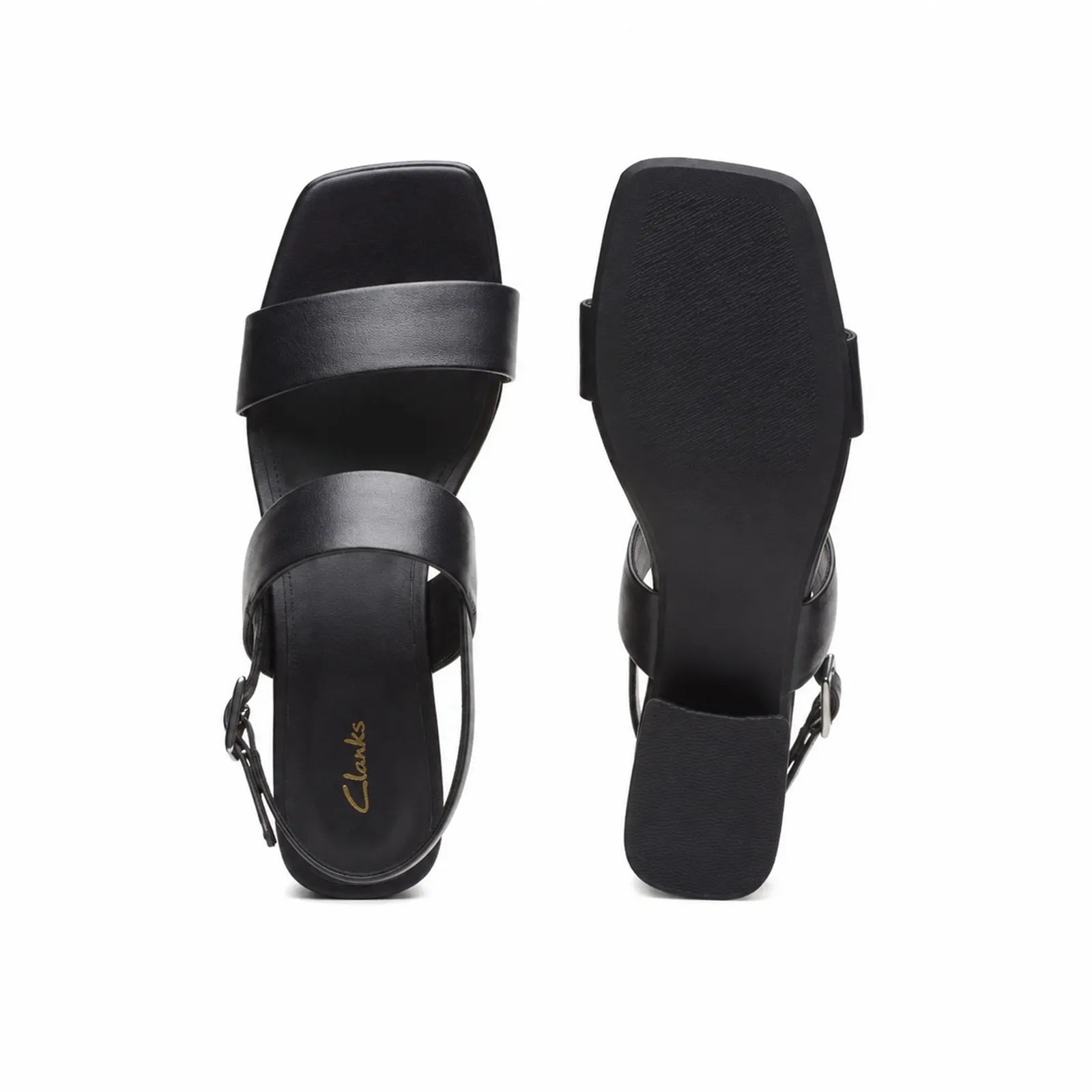 Black leather strap sandals with ankle buckle, open toe, shown from back