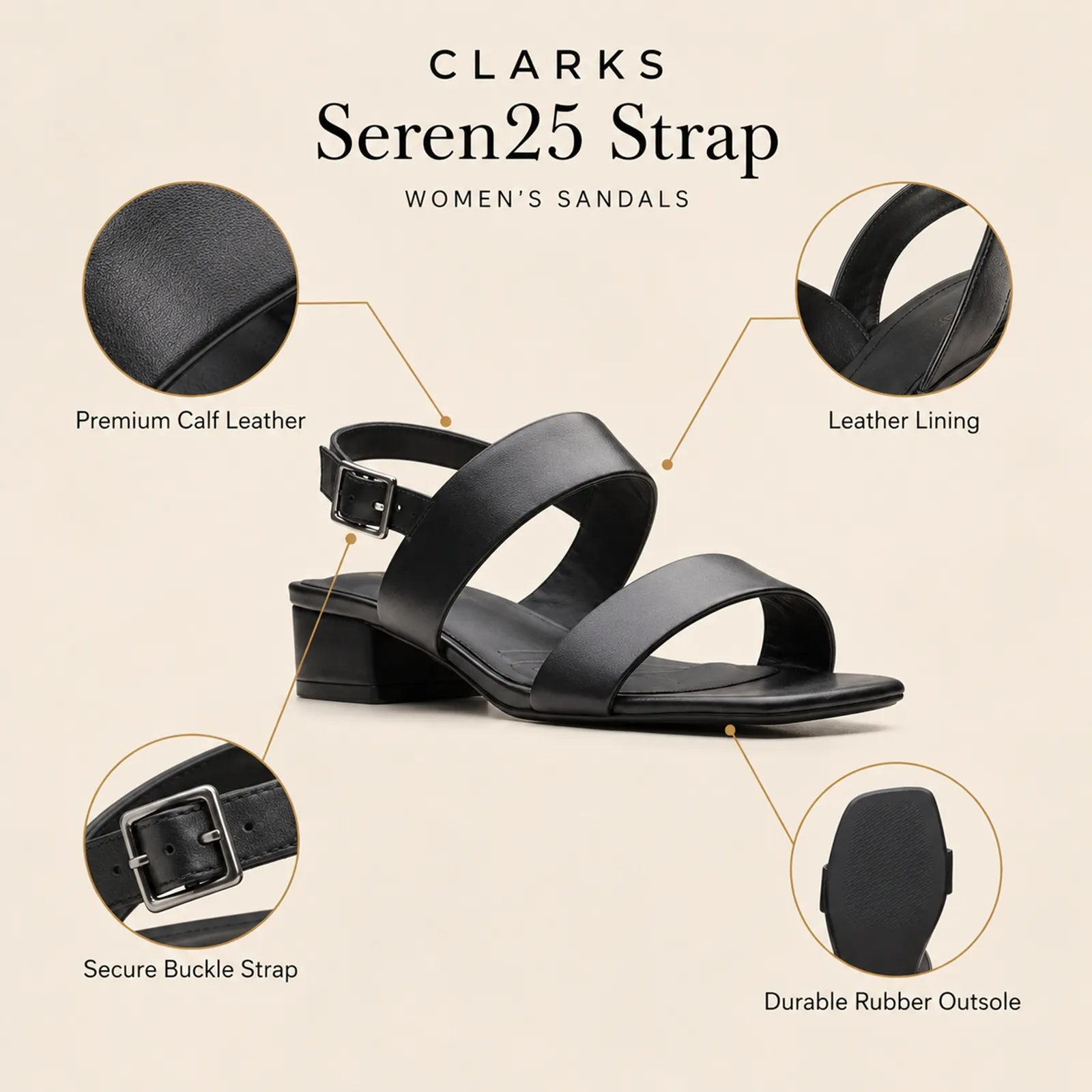 Women’s black leather strap sandals with buckle, open toe, and block heel