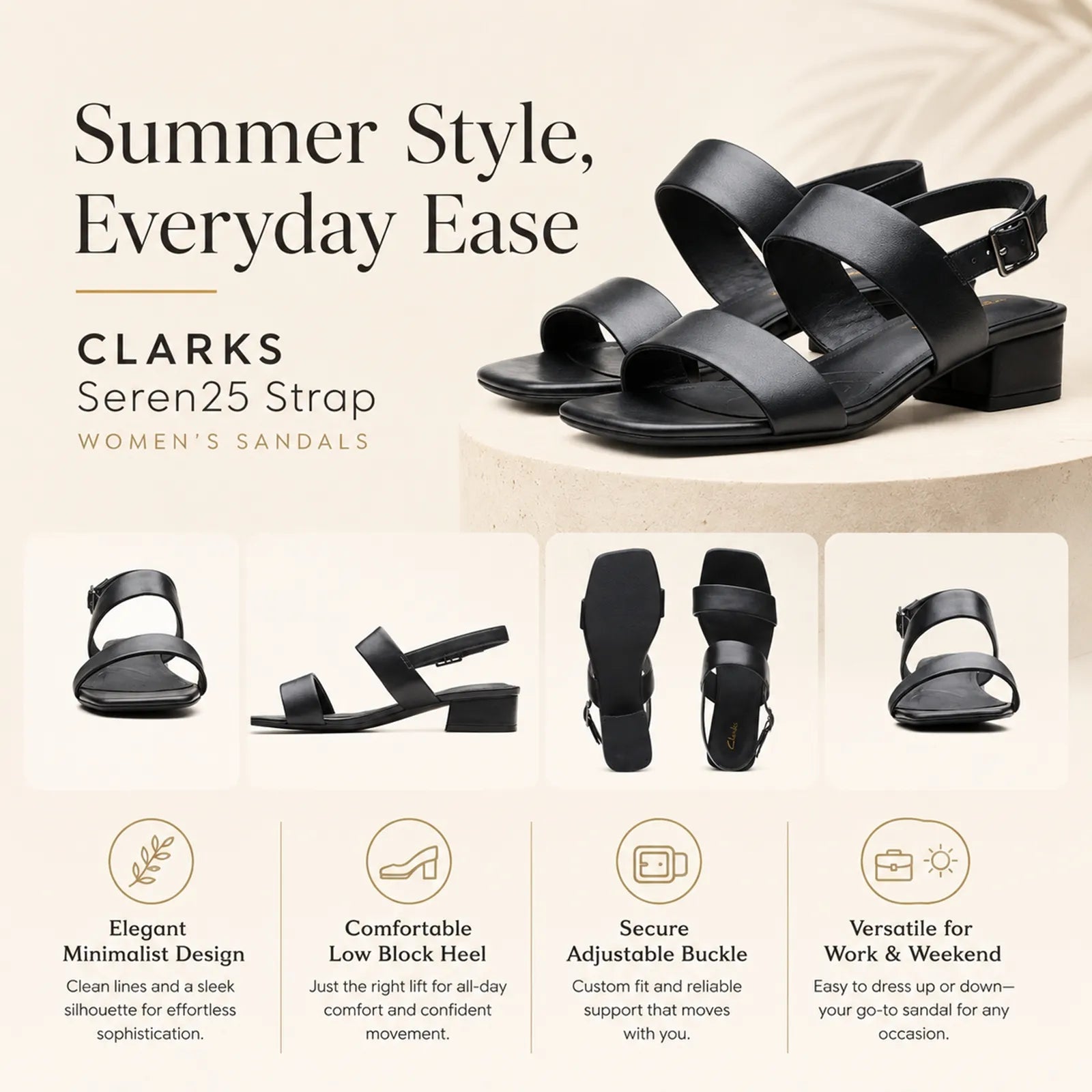 Black leather two-strap sandals with buckle, open toe, and block heel