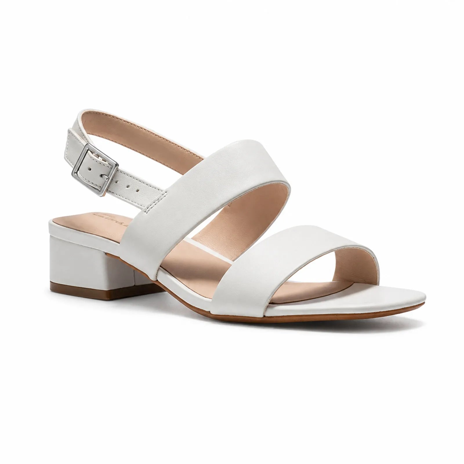White leather strap sandals with ankle buckle and low block heel