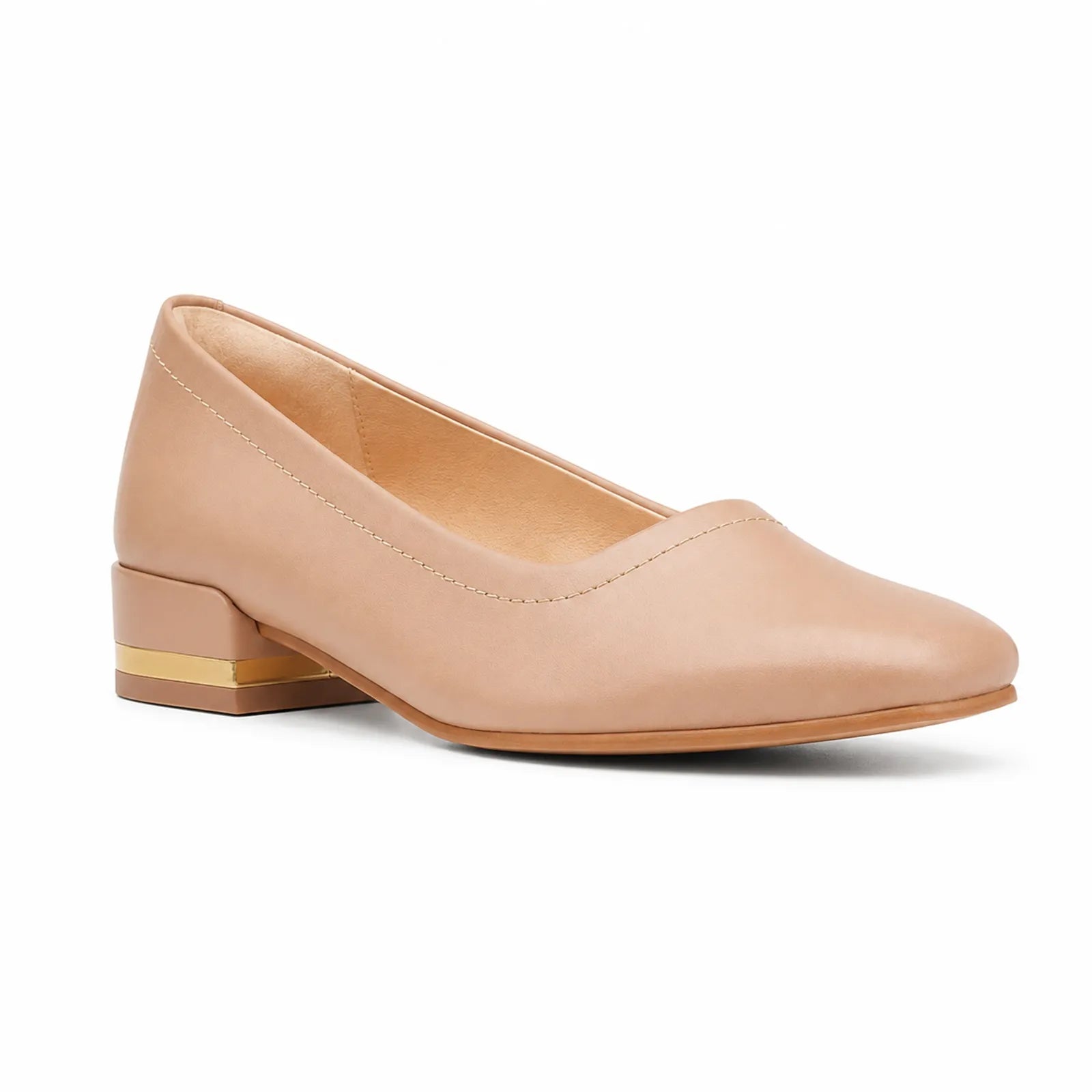 Beige women's court pumps with rounded toe and low block heel, slip-on style