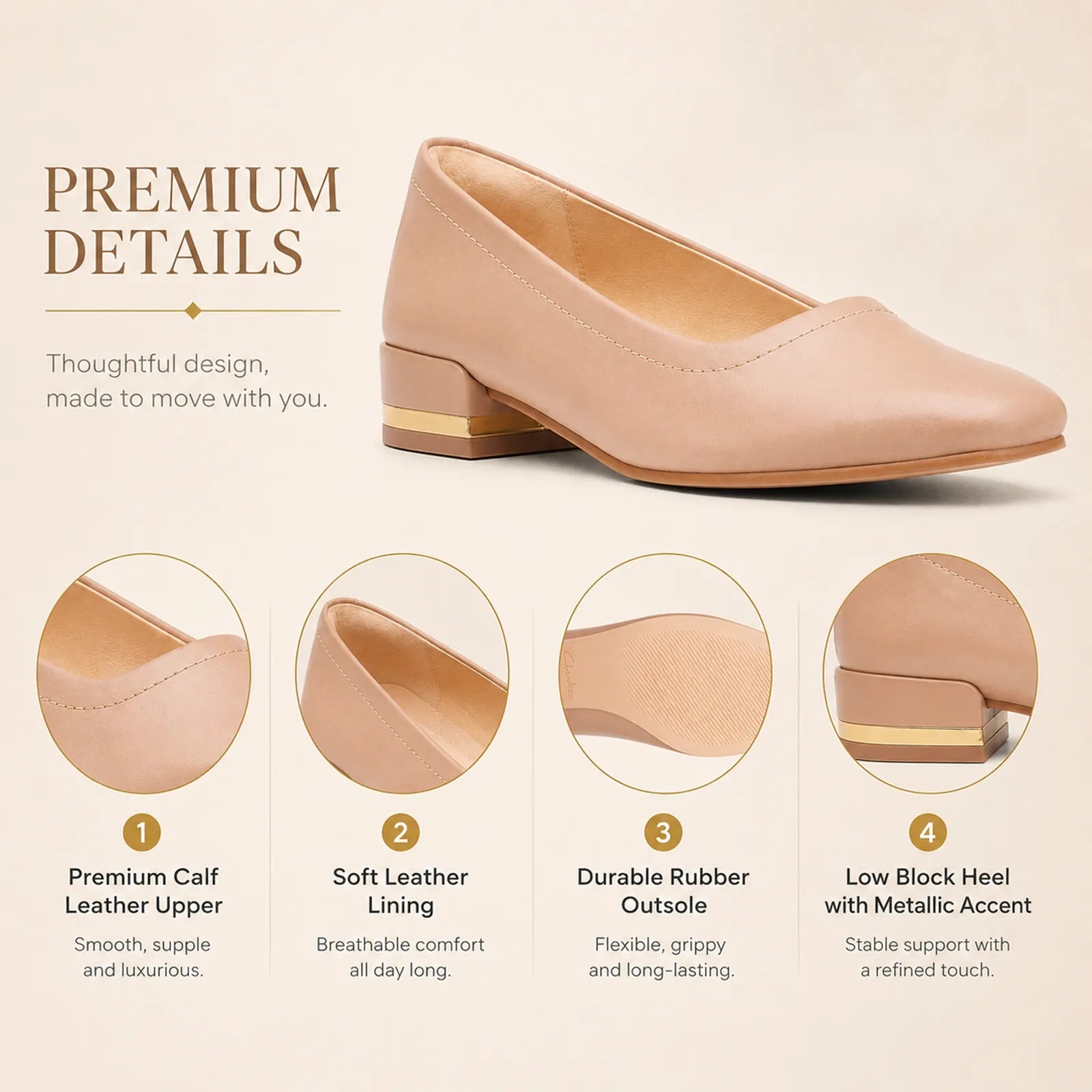 Women's low-heel court pumps, beige leather upper with block heel and pointed toe