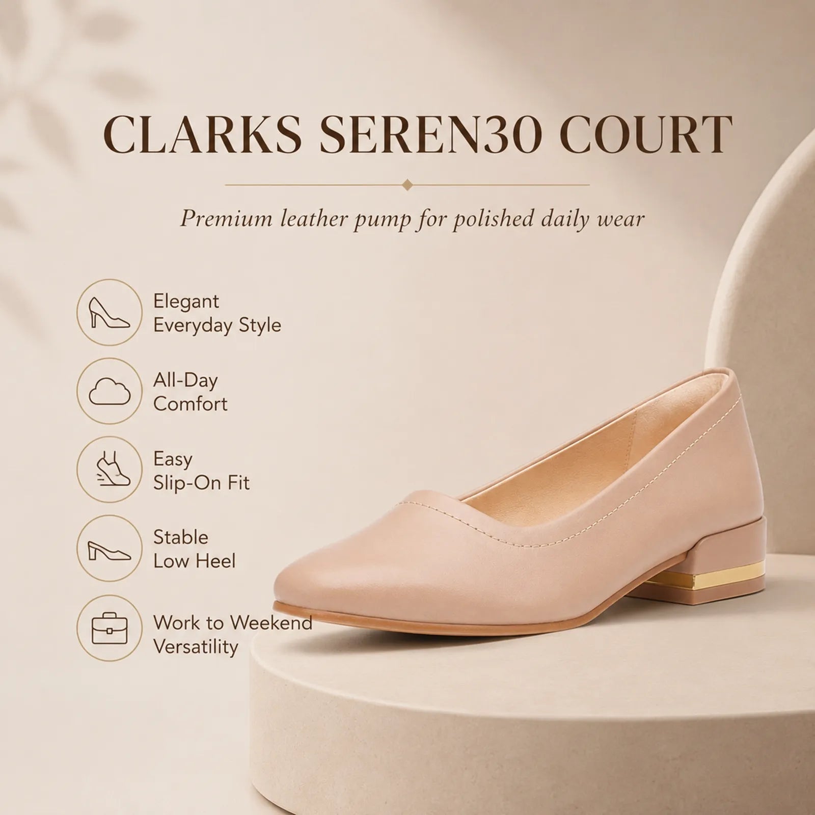 Women's low-heel court pumps, beige leather slip-on with flat pointed toe and block heel