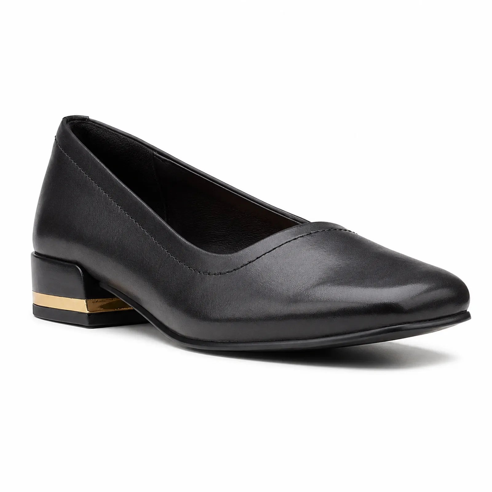 Black women's court pumps with rounded toe, low block heel, and metallic gold accent