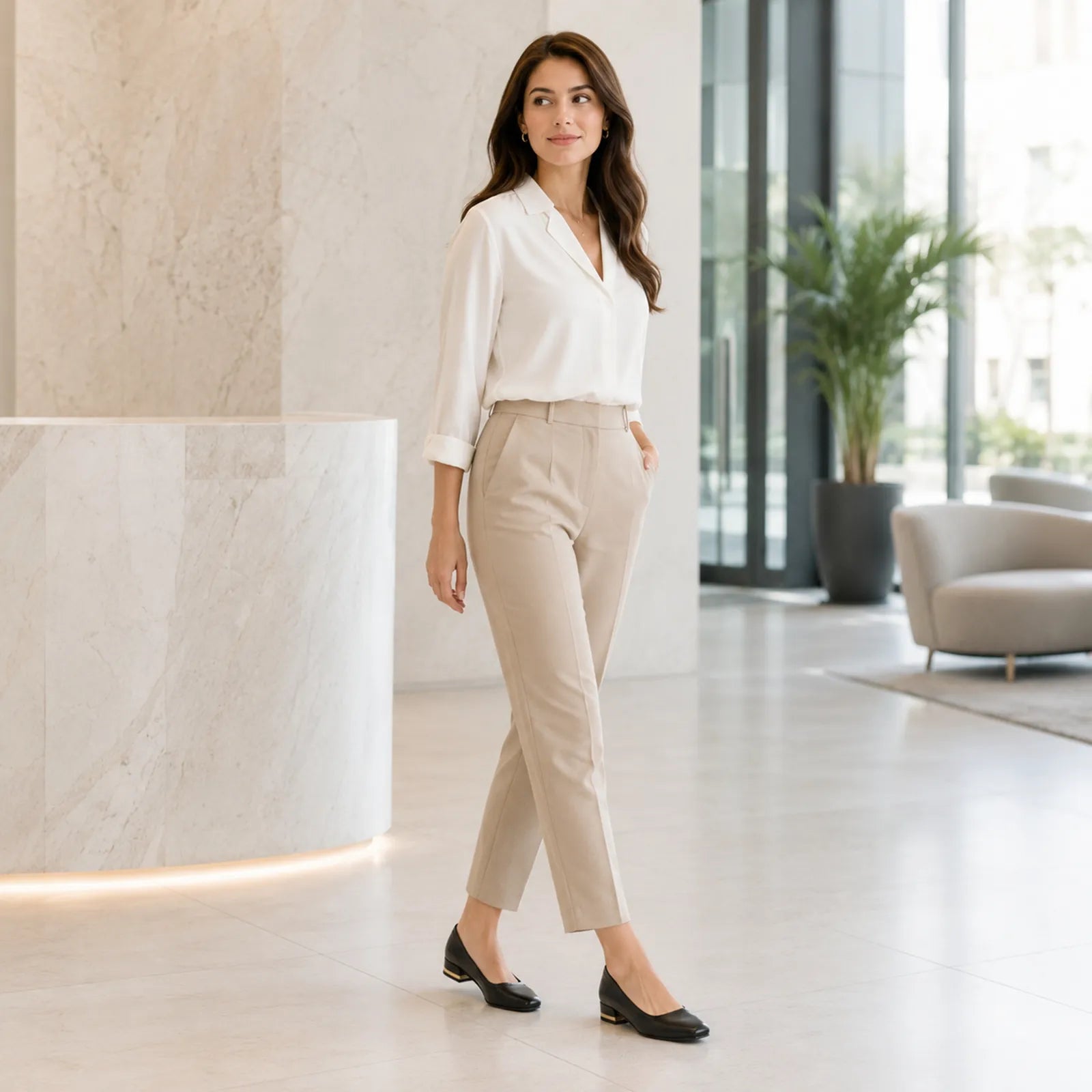 Women's black court pumps with rounded toe and low block heel, worn with trousers