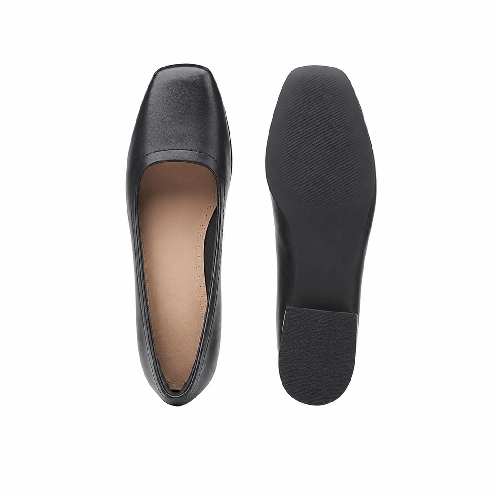 Black women's court pumps, rounded toe and flat underside view of the sole