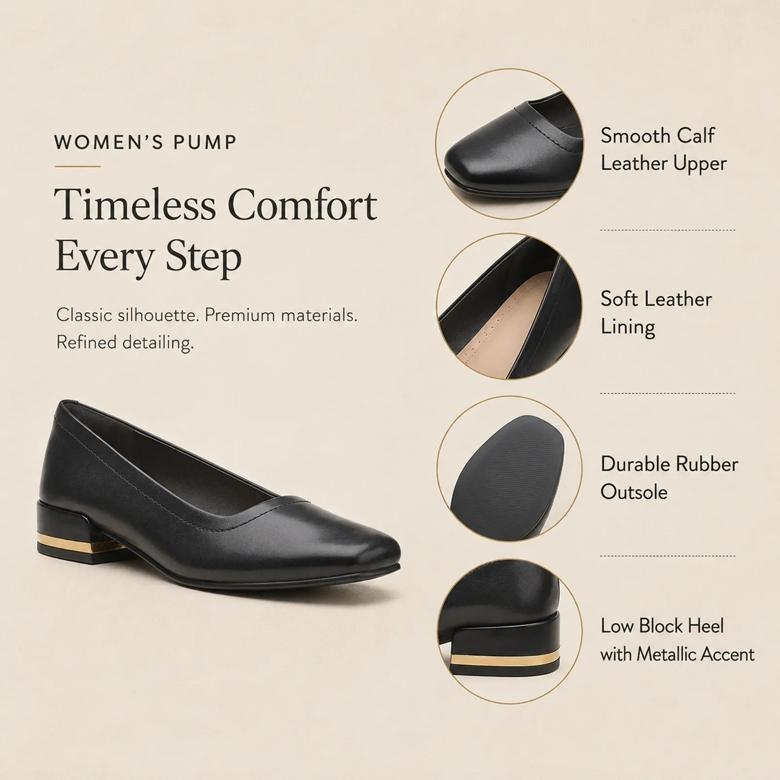 Black women's court pumps with rounded toe, smooth upper, and low block heel accent
