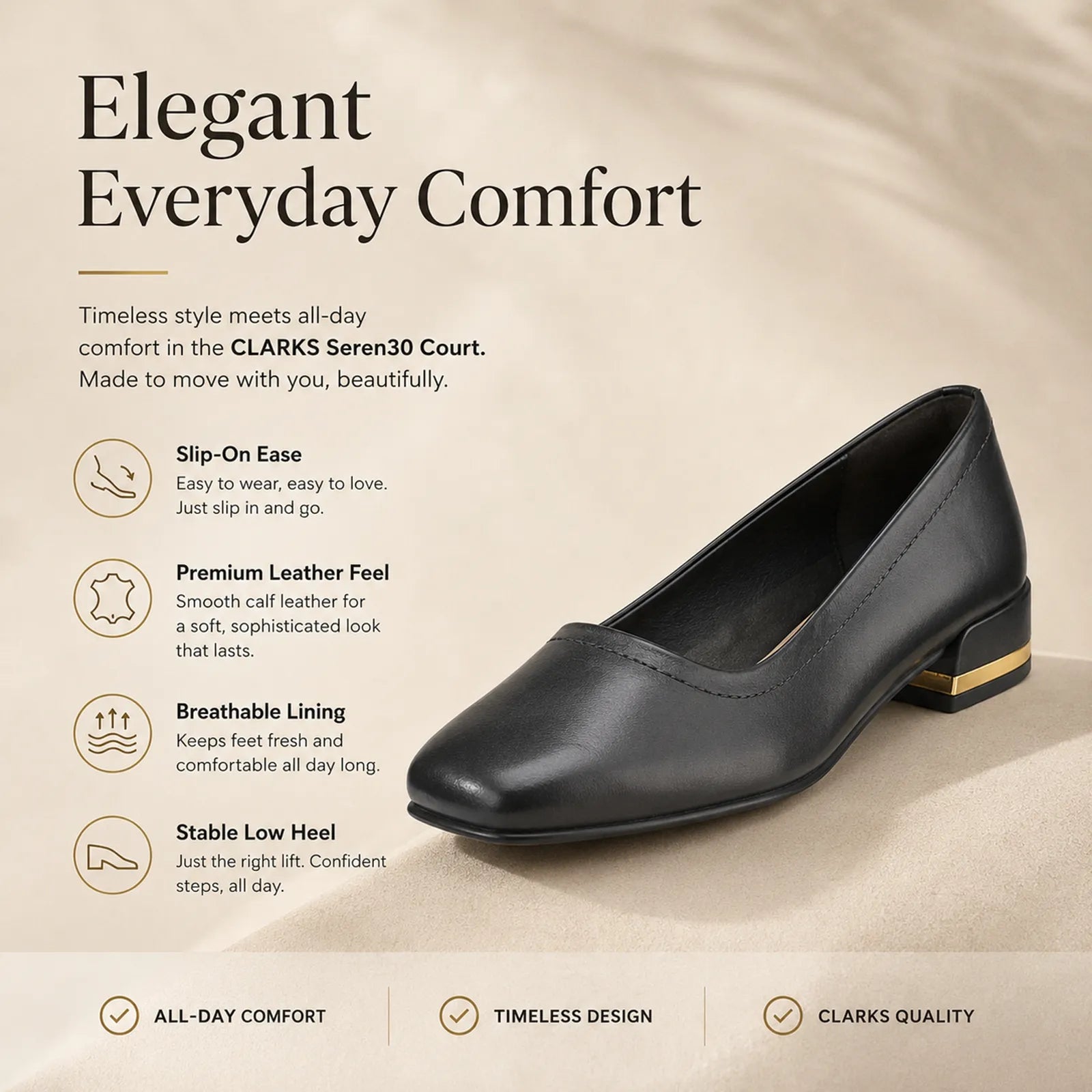 Black women's court pumps, smooth leather-look upper and low block heel with gold trim