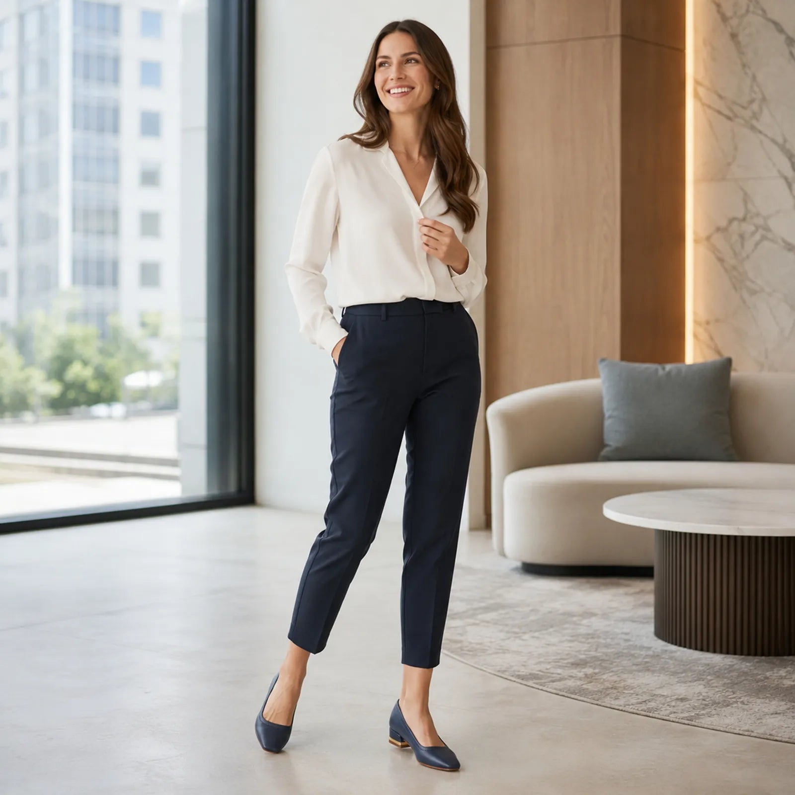 Women's court pumps, dark blue leather with low block heel, worn with dark trousers