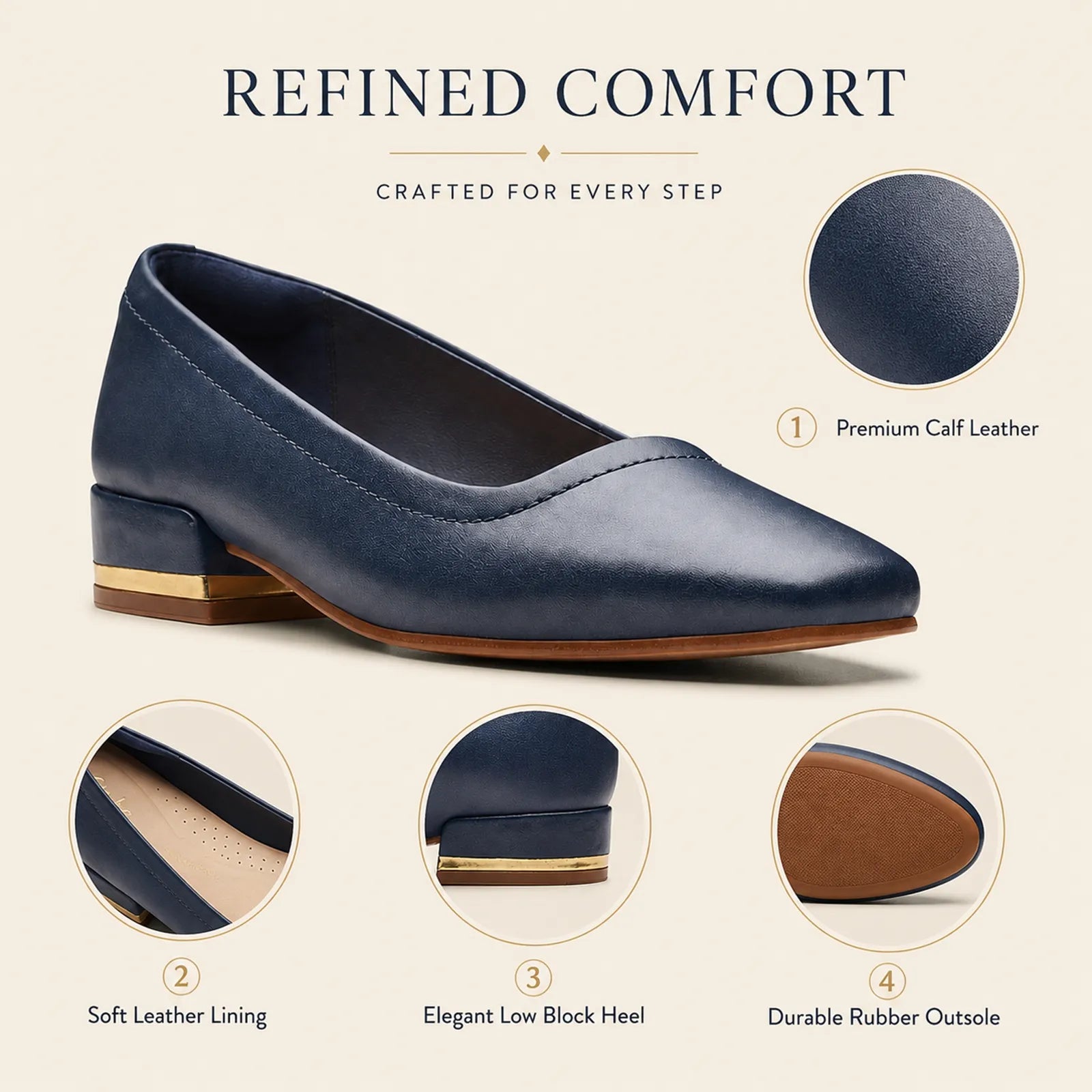 Women's low-heel court pumps, dark blue leather with low block heel and rubber outsole