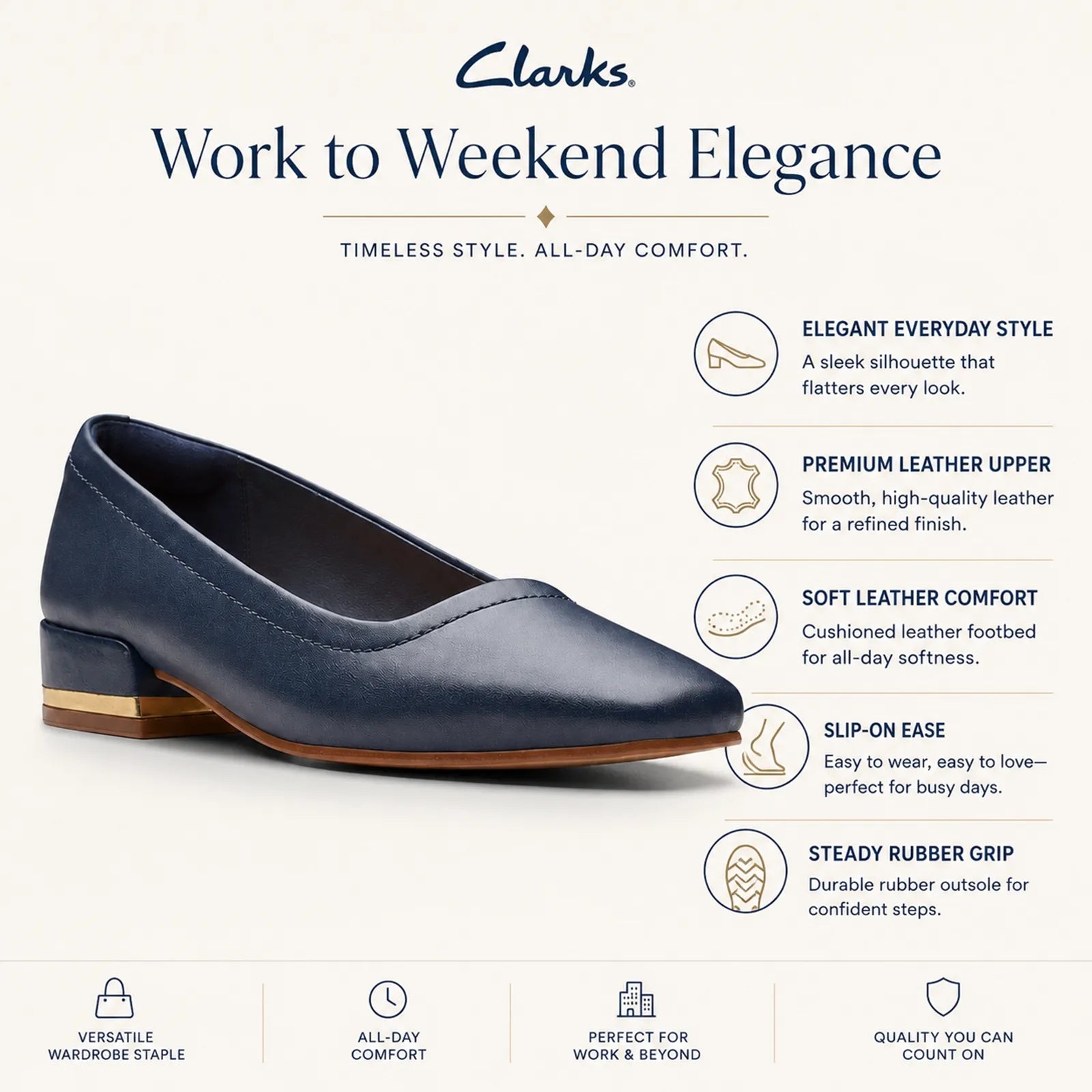 Women's court pumps, dark blue leather slip-on with pointed toe and low block heel
