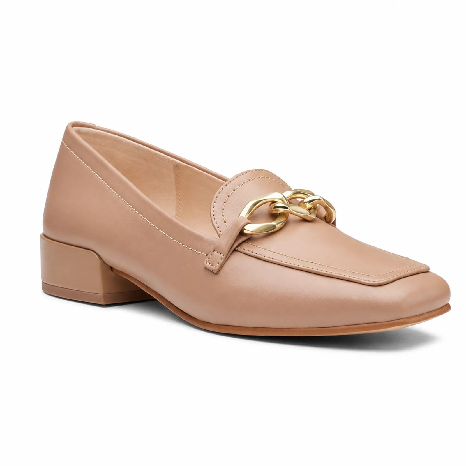 Women’s pump loafers in praline with gold chain detail and block heel