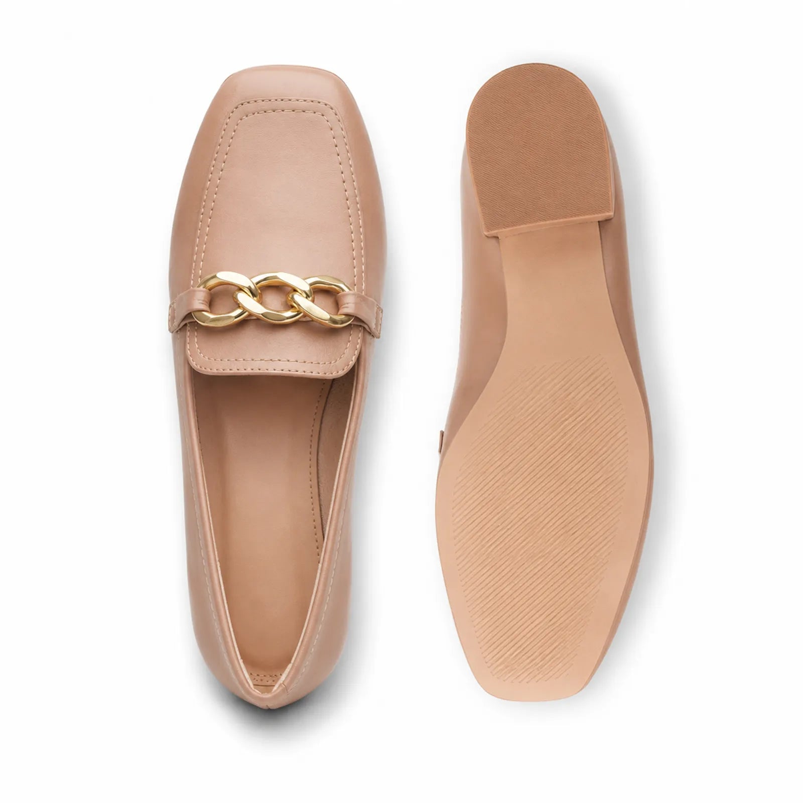 Women’s praline pump loafers, side and sole views with gold chain accent