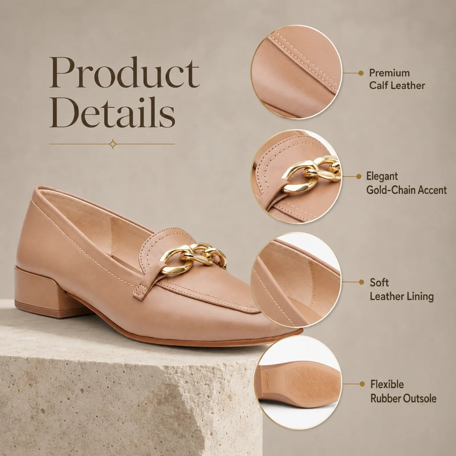 Women’s praline pump loafers with gold chain detail and leather-look upper