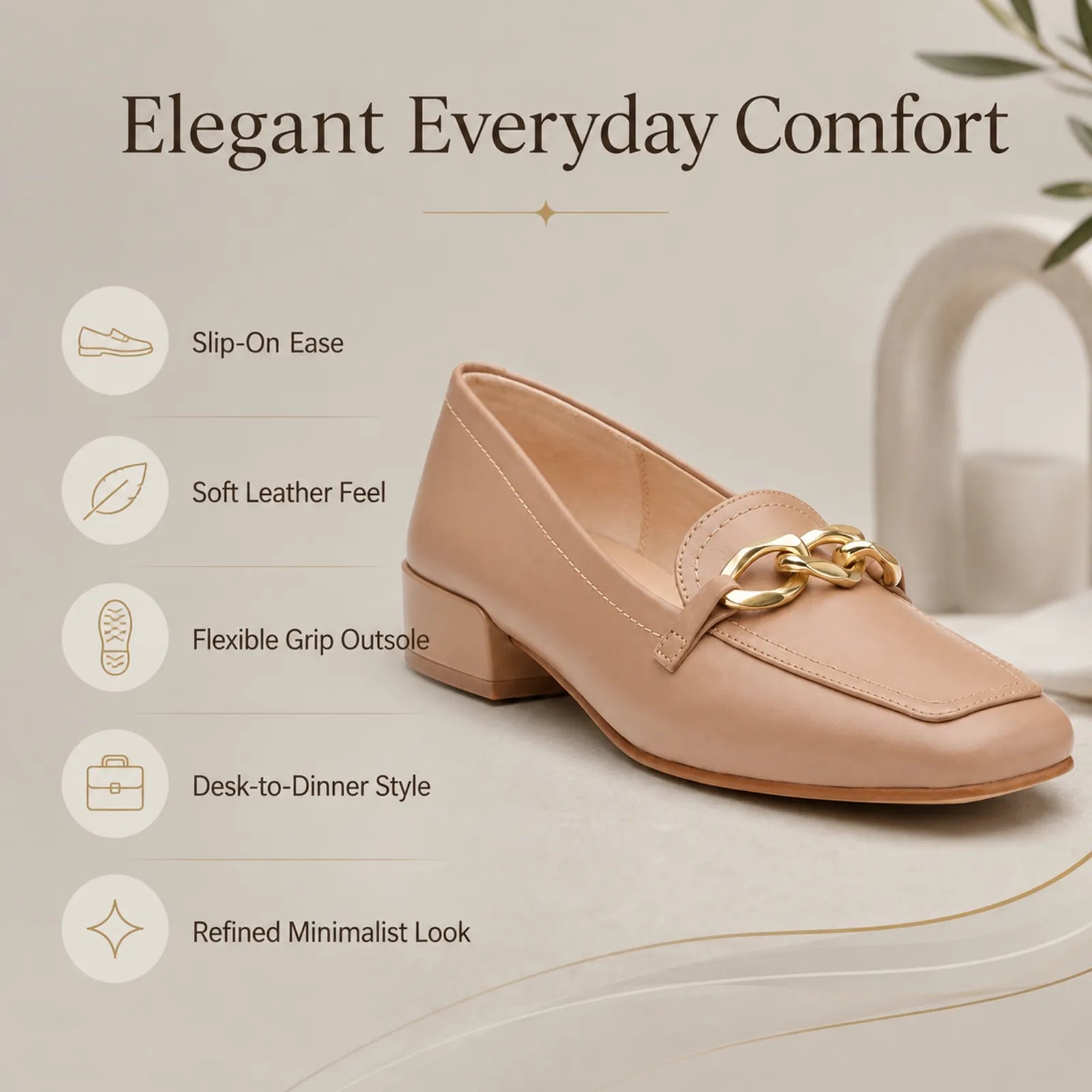 Women’s praline pump loafers with gold chain bit and cushioned leather lining