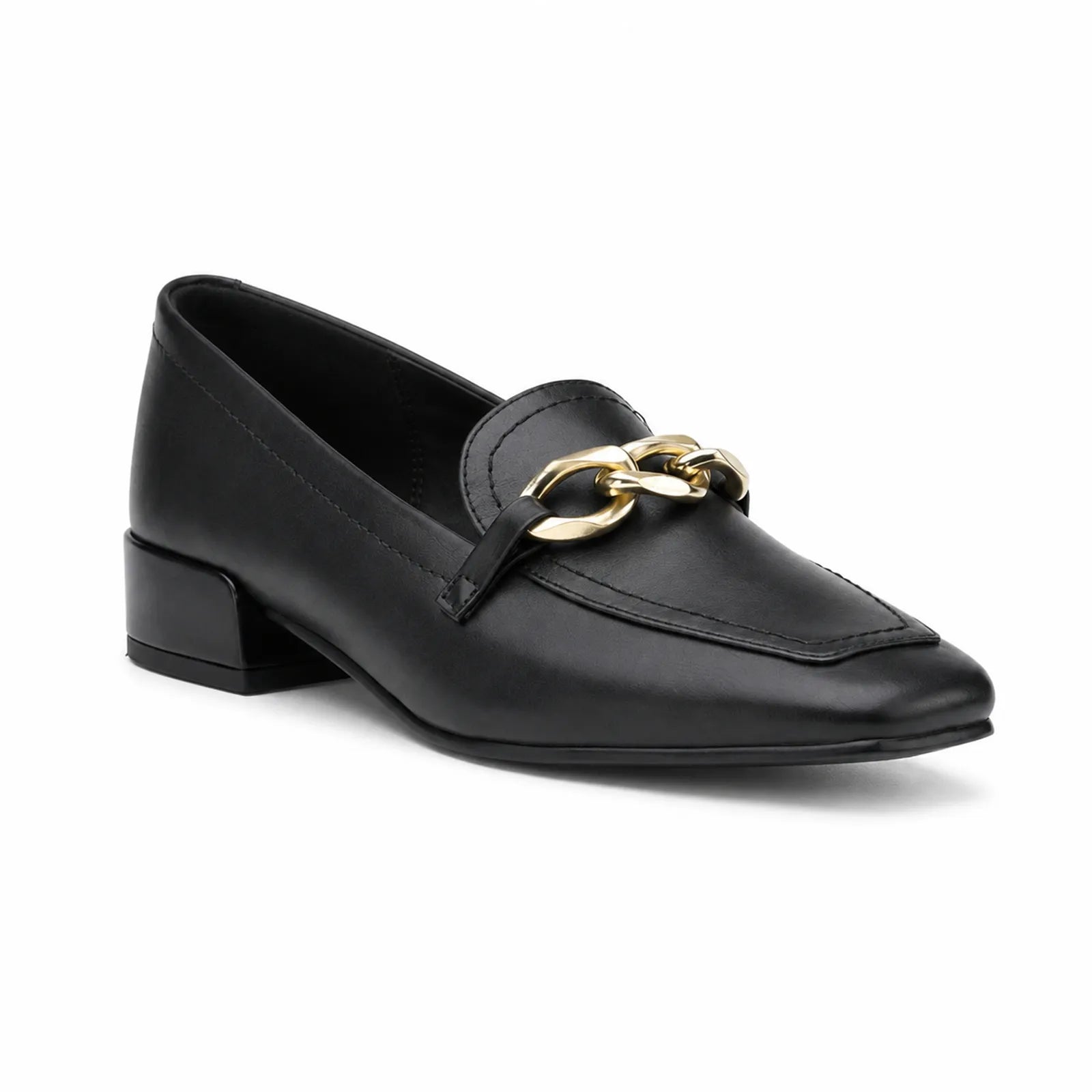 Women’s pump loafers in black with gold chain detail and low block heel