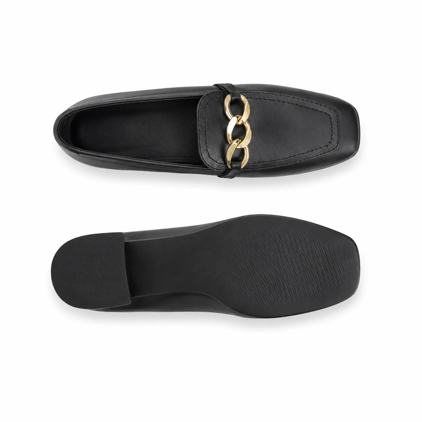 Women’s black pump loafers, top and sole views with gold chain accent