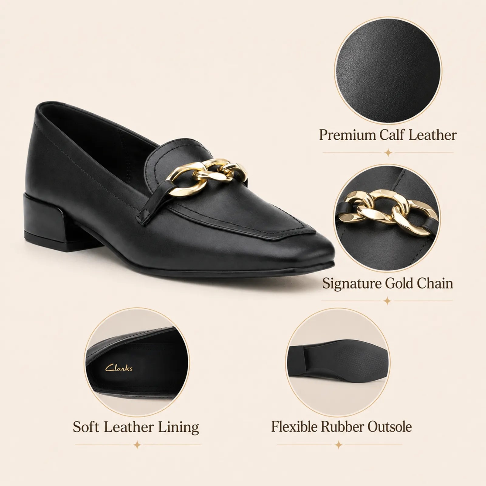 Women's black leather pumps with gold chain detail and low block heel