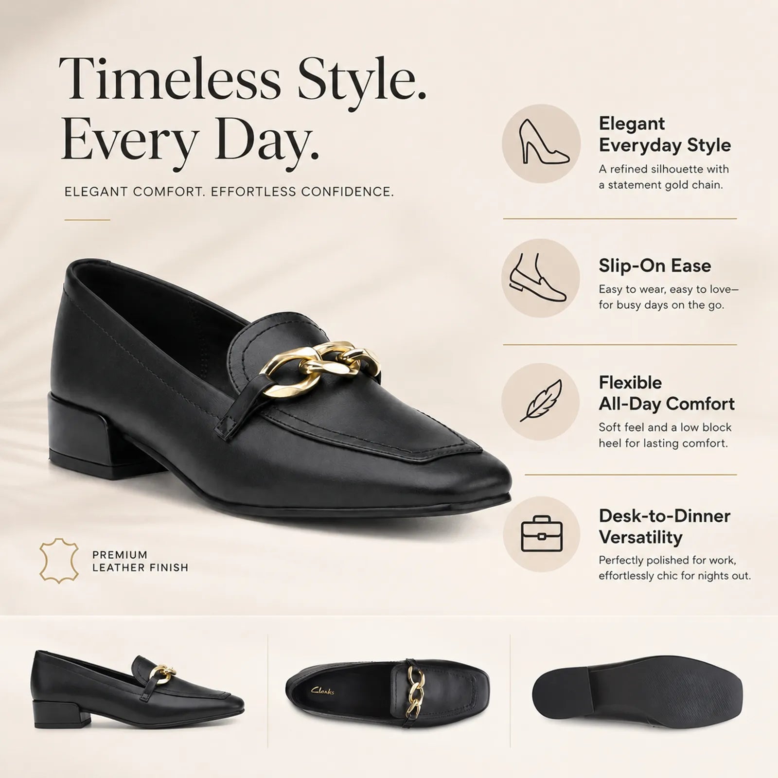 Women's black leather slip-on pumps with gold chain bit and square low heel