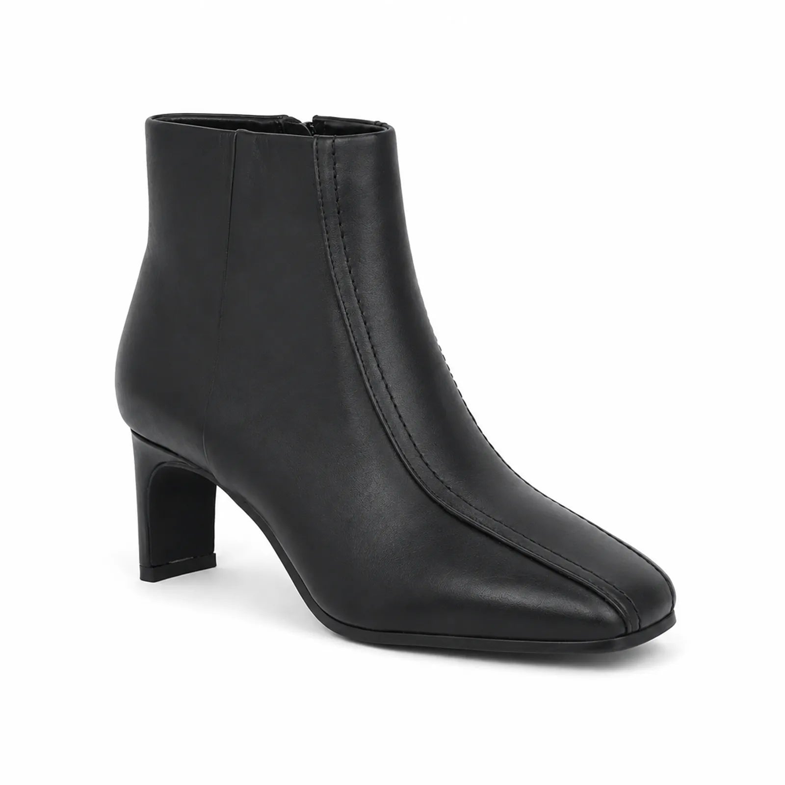 Black leather ankle boots with block heel and stitched side panel