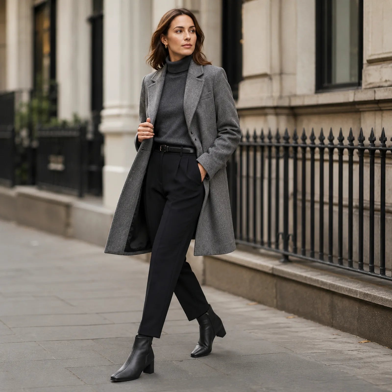 Black leather ankle boots on model, block heel and pointed toe
