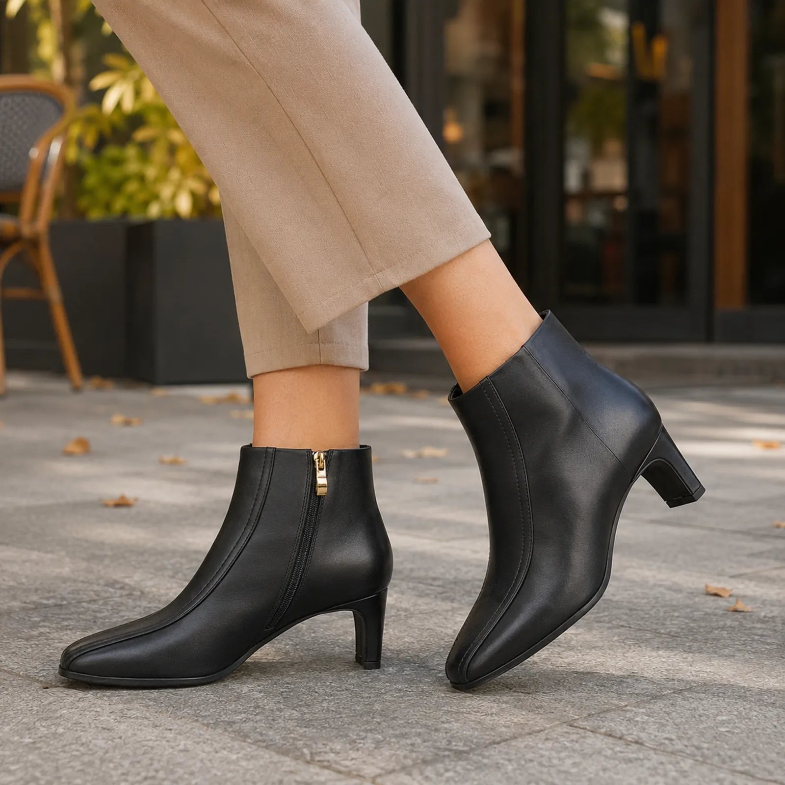 Black leather ankle boots on pavement, side zipper and block heel