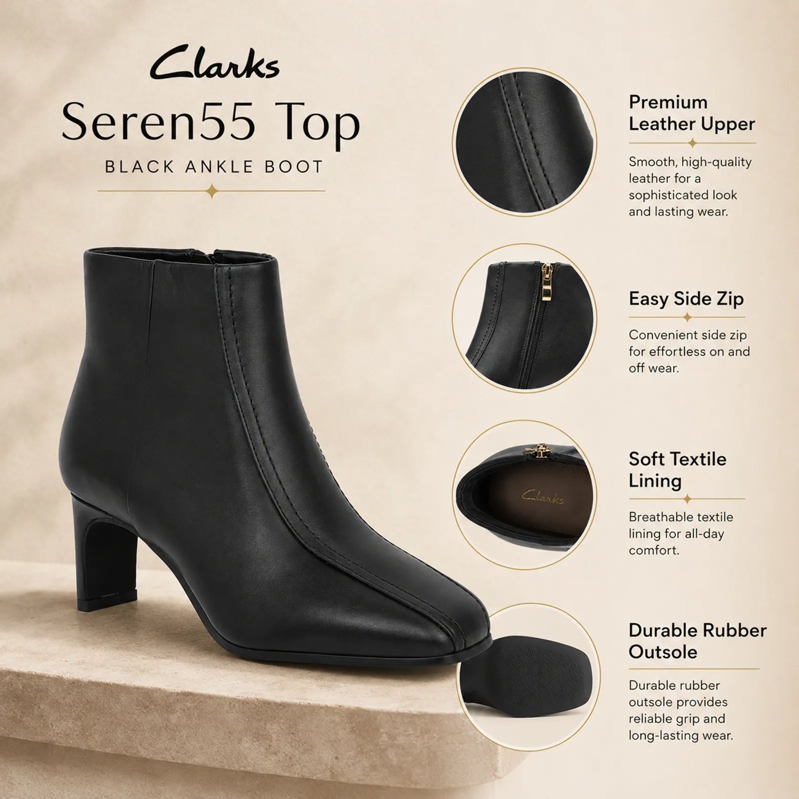 Black leather ankle boot with side zip and block heel on product card