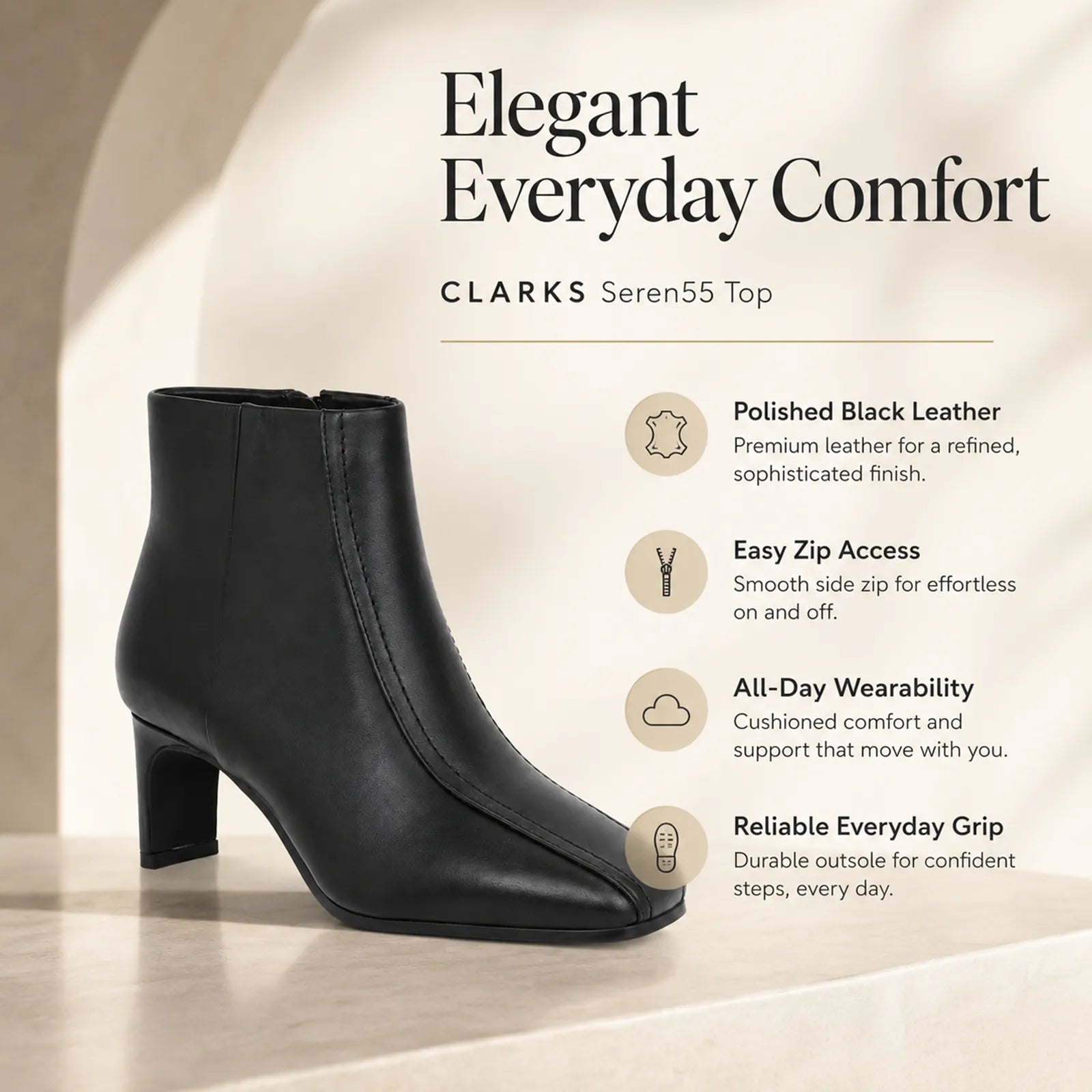 Black leather ankle boots with mid heel and side zipper