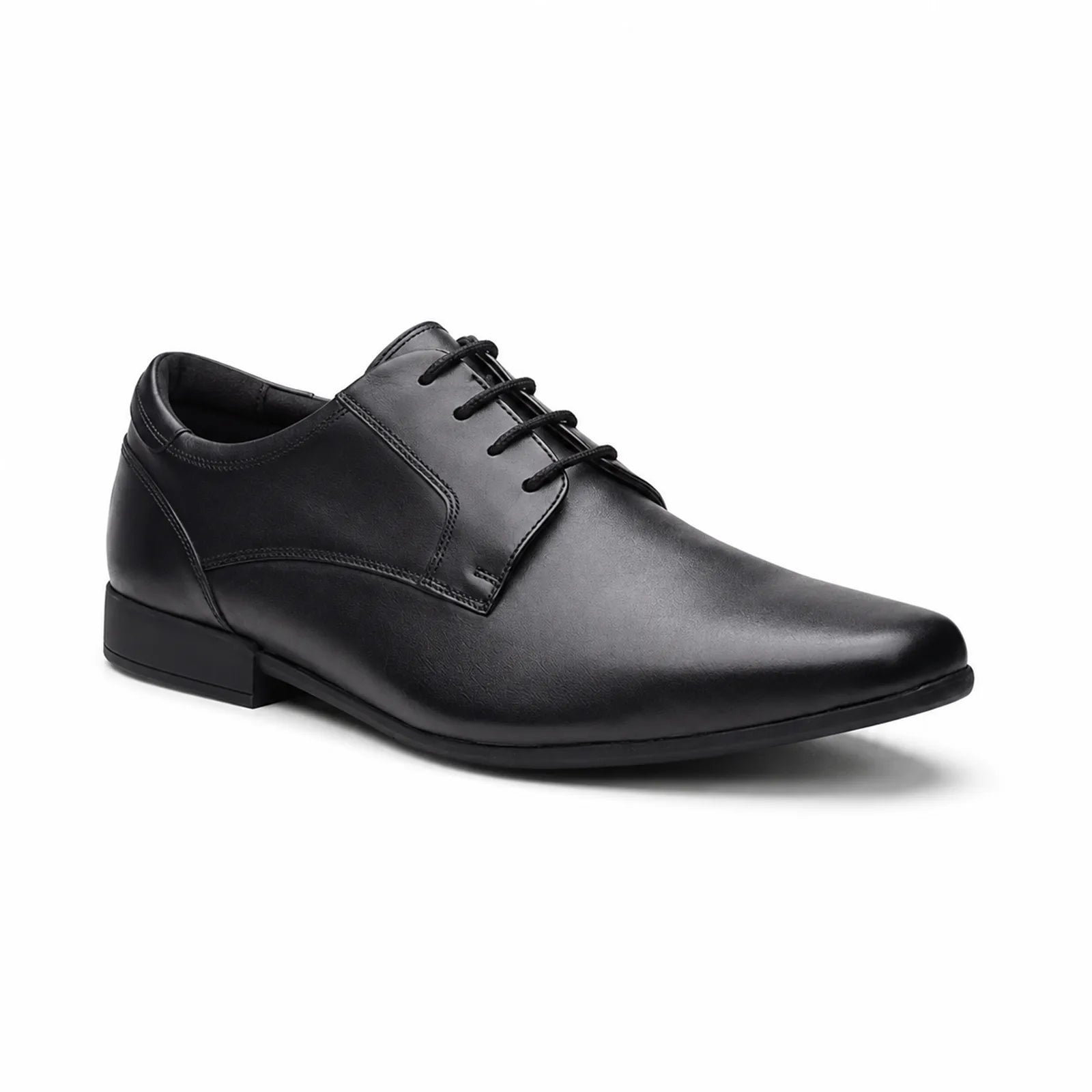 Men's black leather lace-up business shoes, sleek toe and low block heel