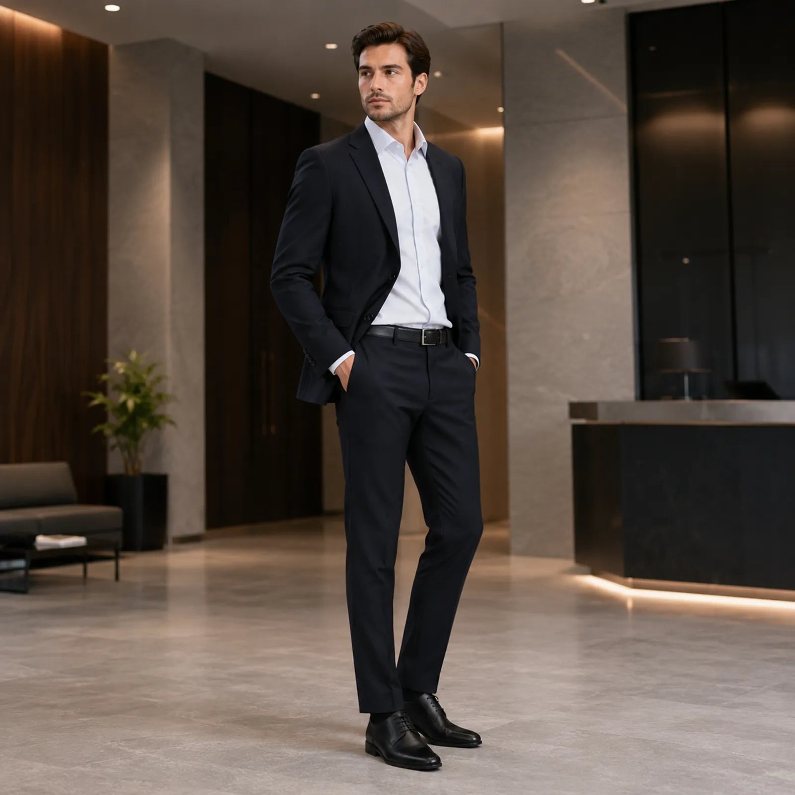 Men's black leather lace-up business shoes worn with dark suit trousers