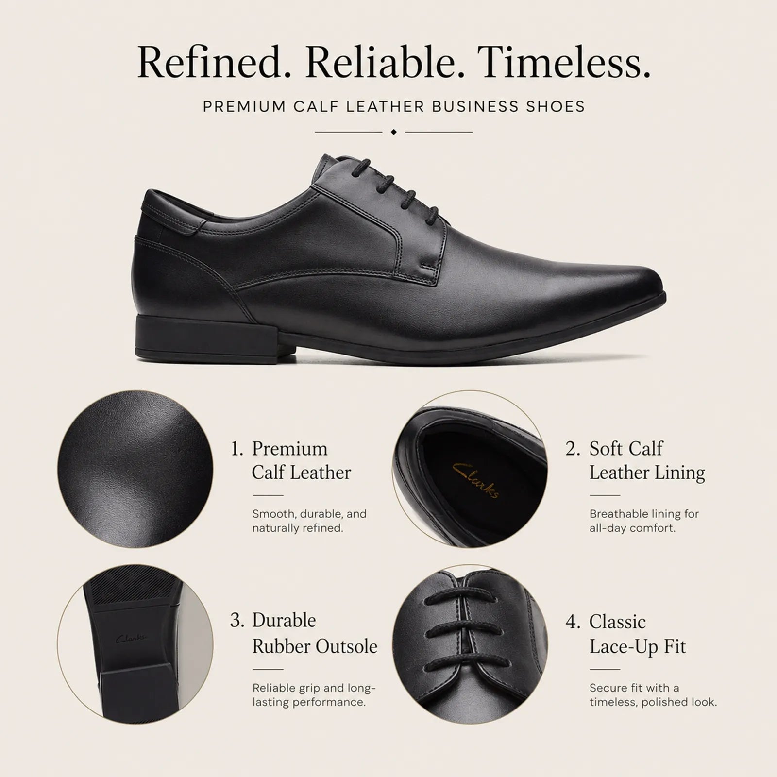 Black leather lace-up business shoes with smooth finish and durable rubber outsole