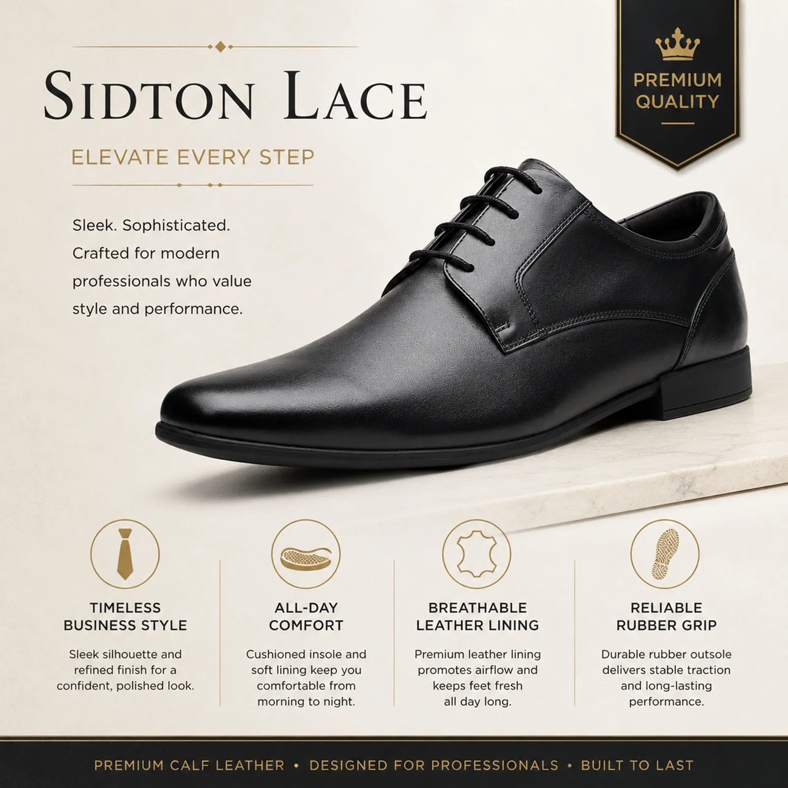 Black leather lace-up business shoes with classic lace-up design