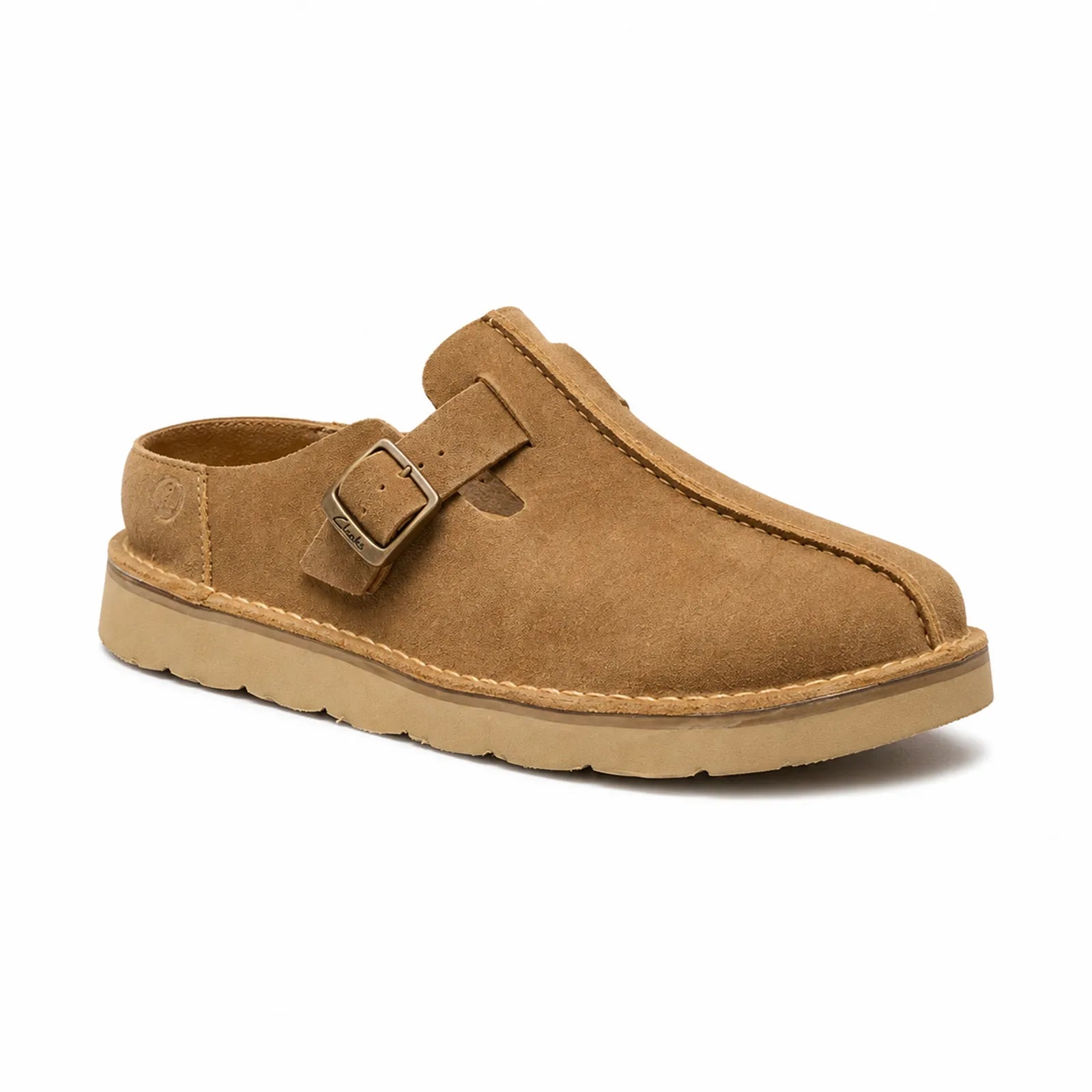 Men's khaki suede mule slippers with adjustable buckle strap and cushioned sole