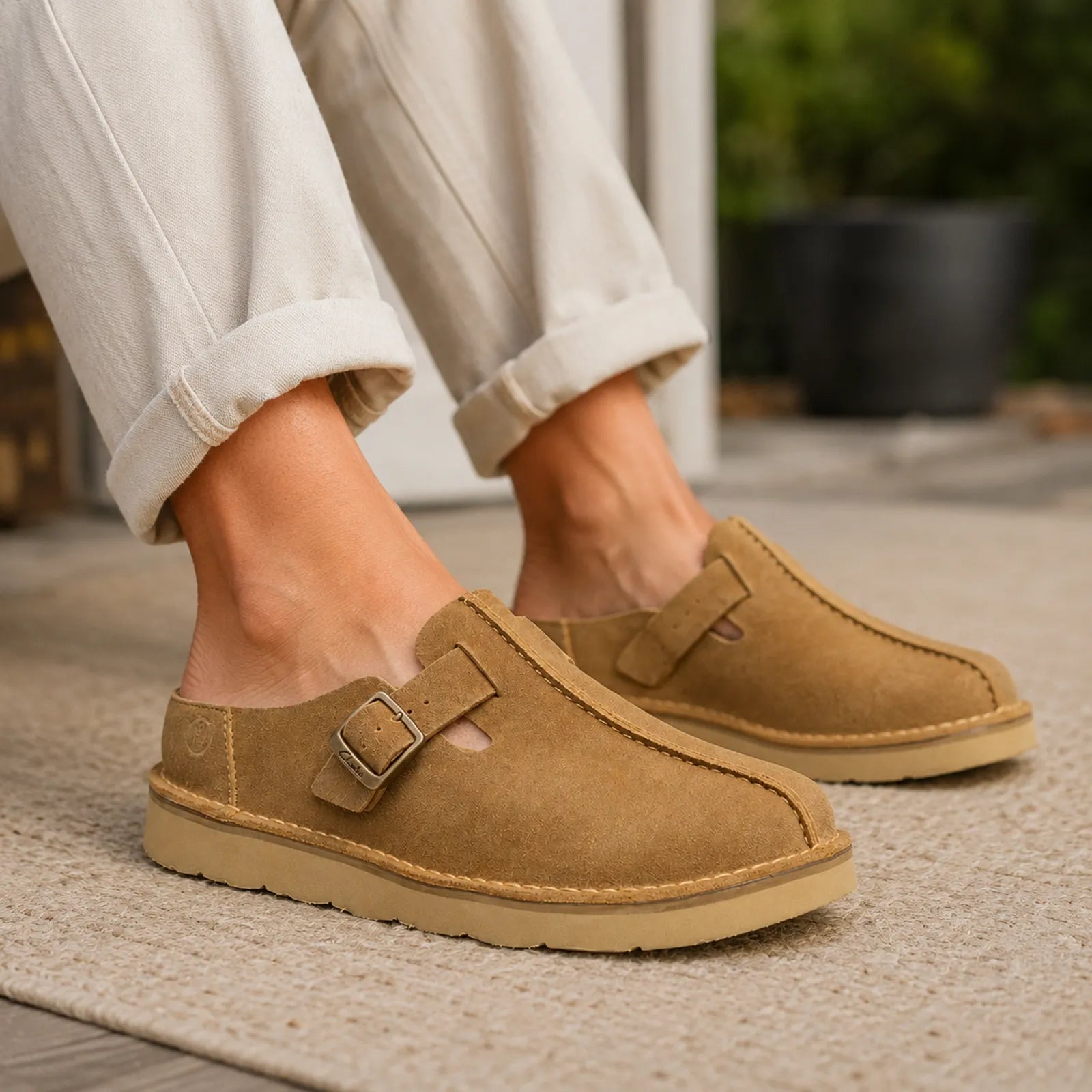 Khaki suede mule slippers with adjustable buckle strap, close-up side view