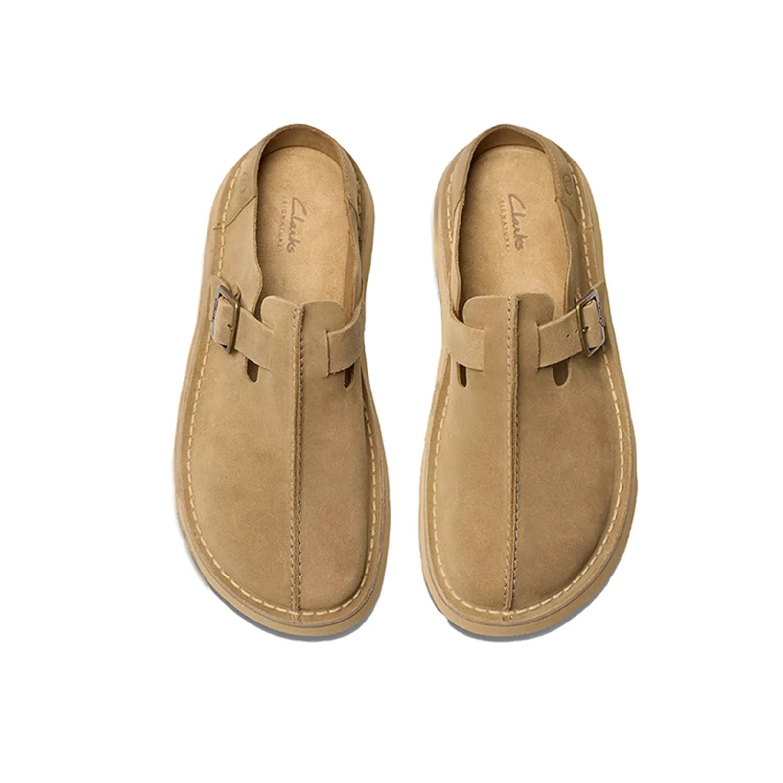 Khaki suede mule slippers, two shoes side-by-side with buckle strap