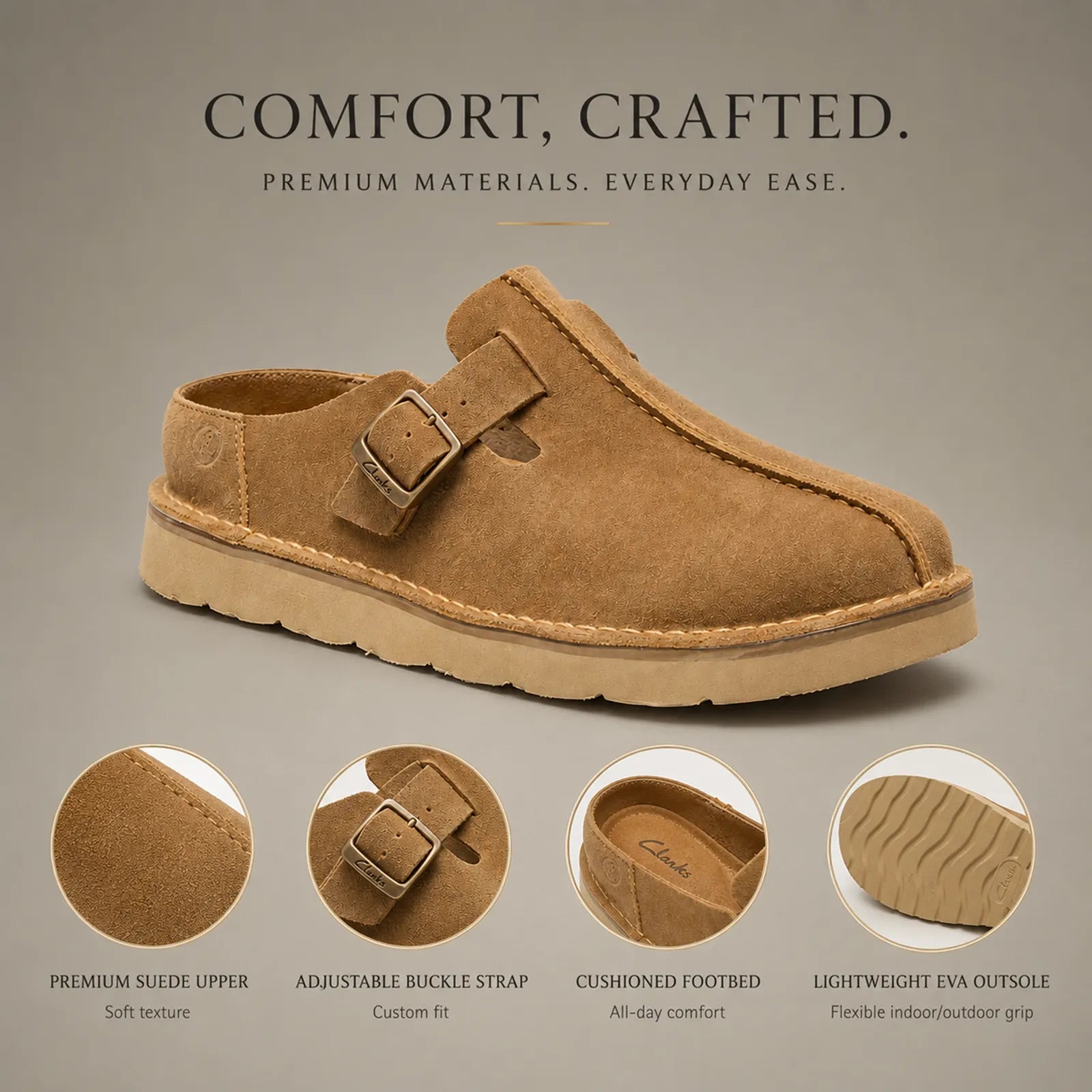 Khaki suede mule slippers, front view showing adjustable buckle strap
