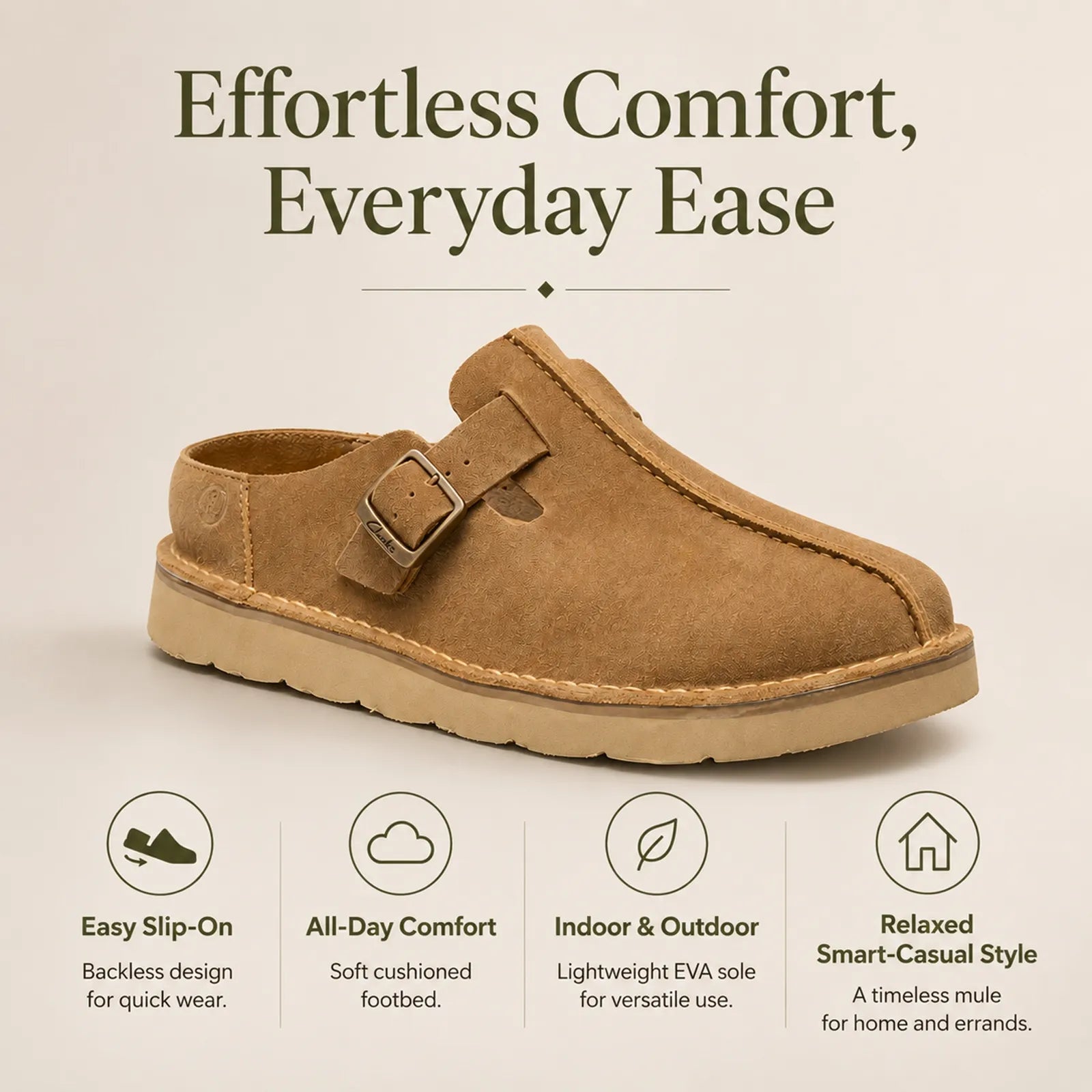 Khaki suede mule slippers with padded footbed, slip-on buckle strap design