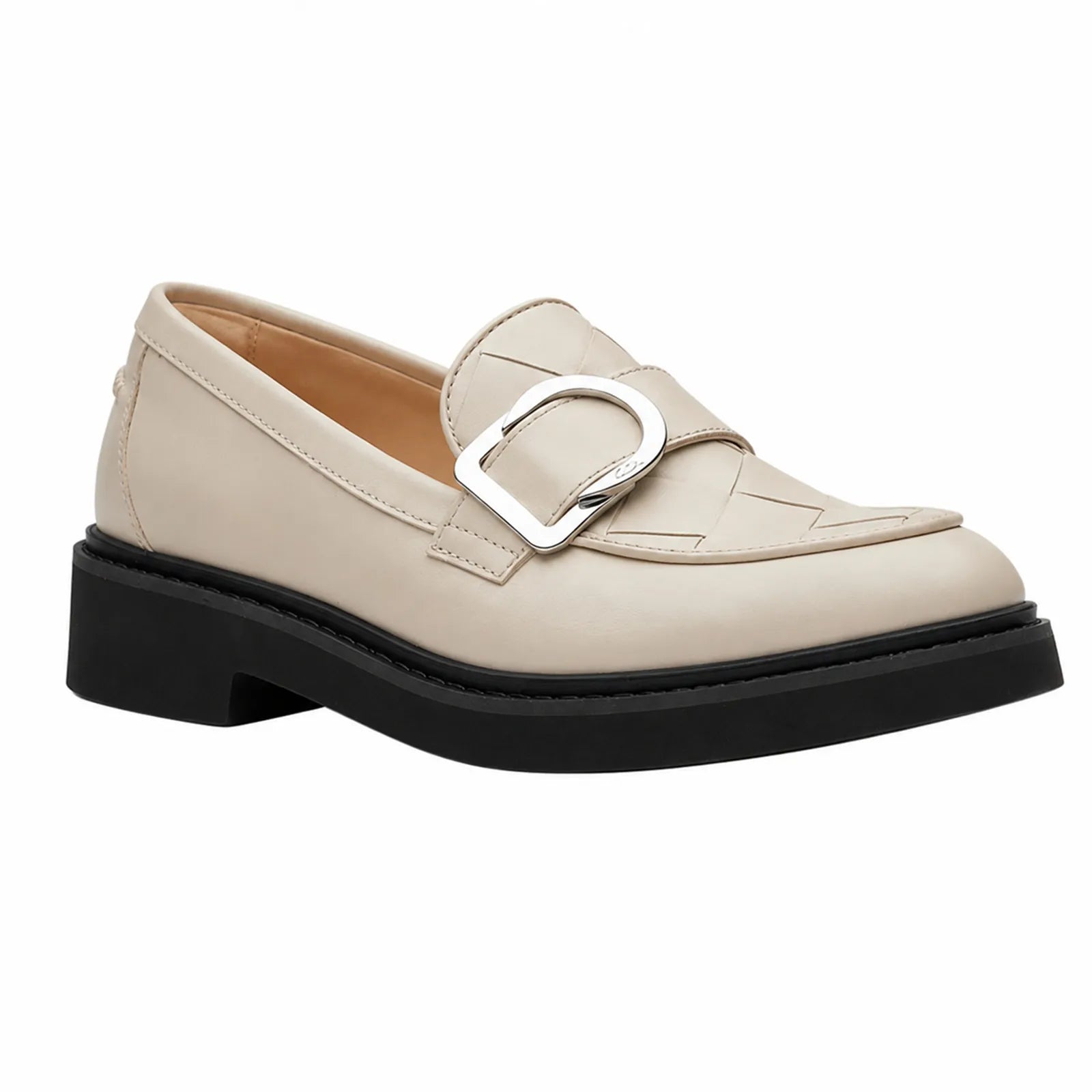 Beige leather penny loafer with metal buckle detail and chunky black sole