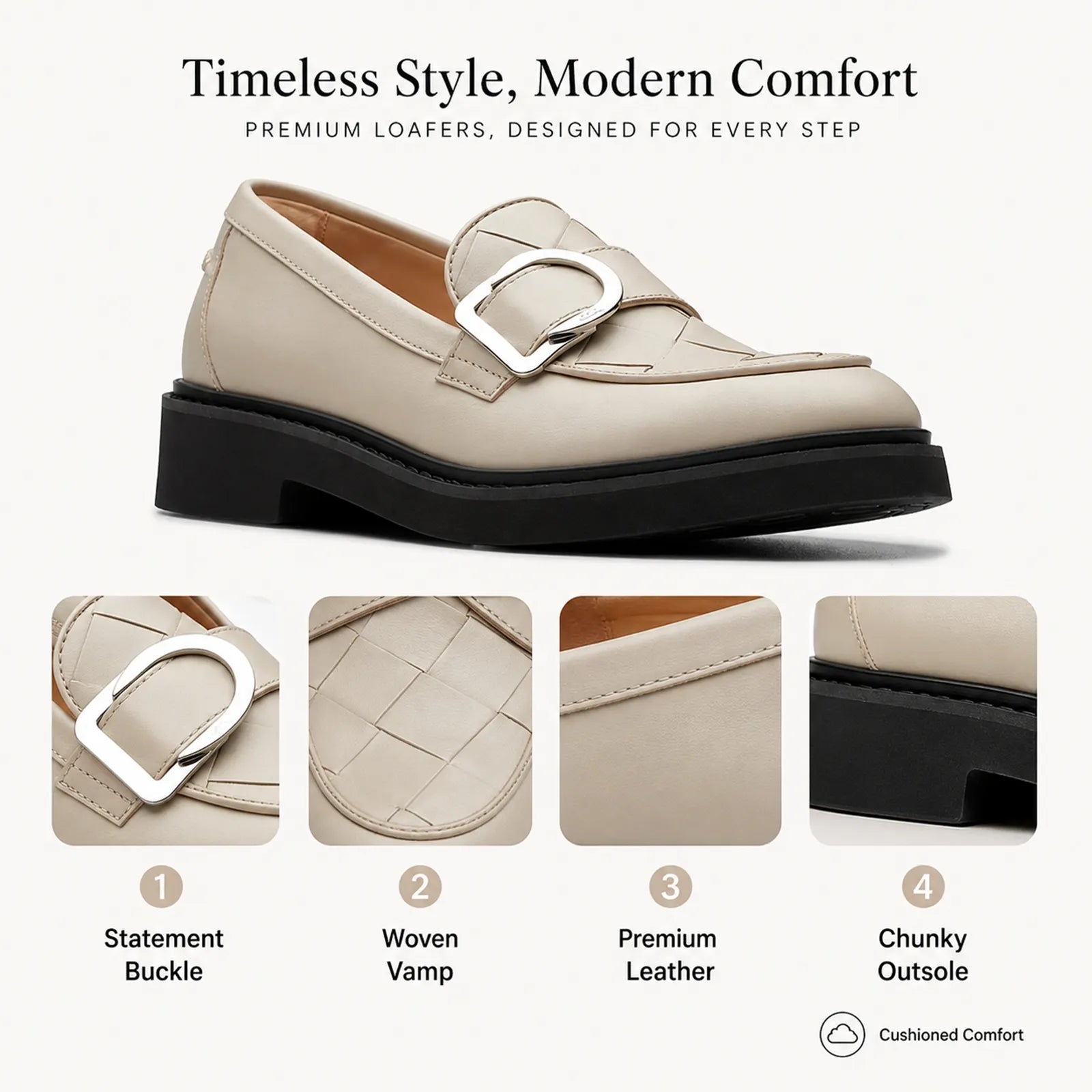 Beige leather penny loafers with statement buckle and chunky outsole detail