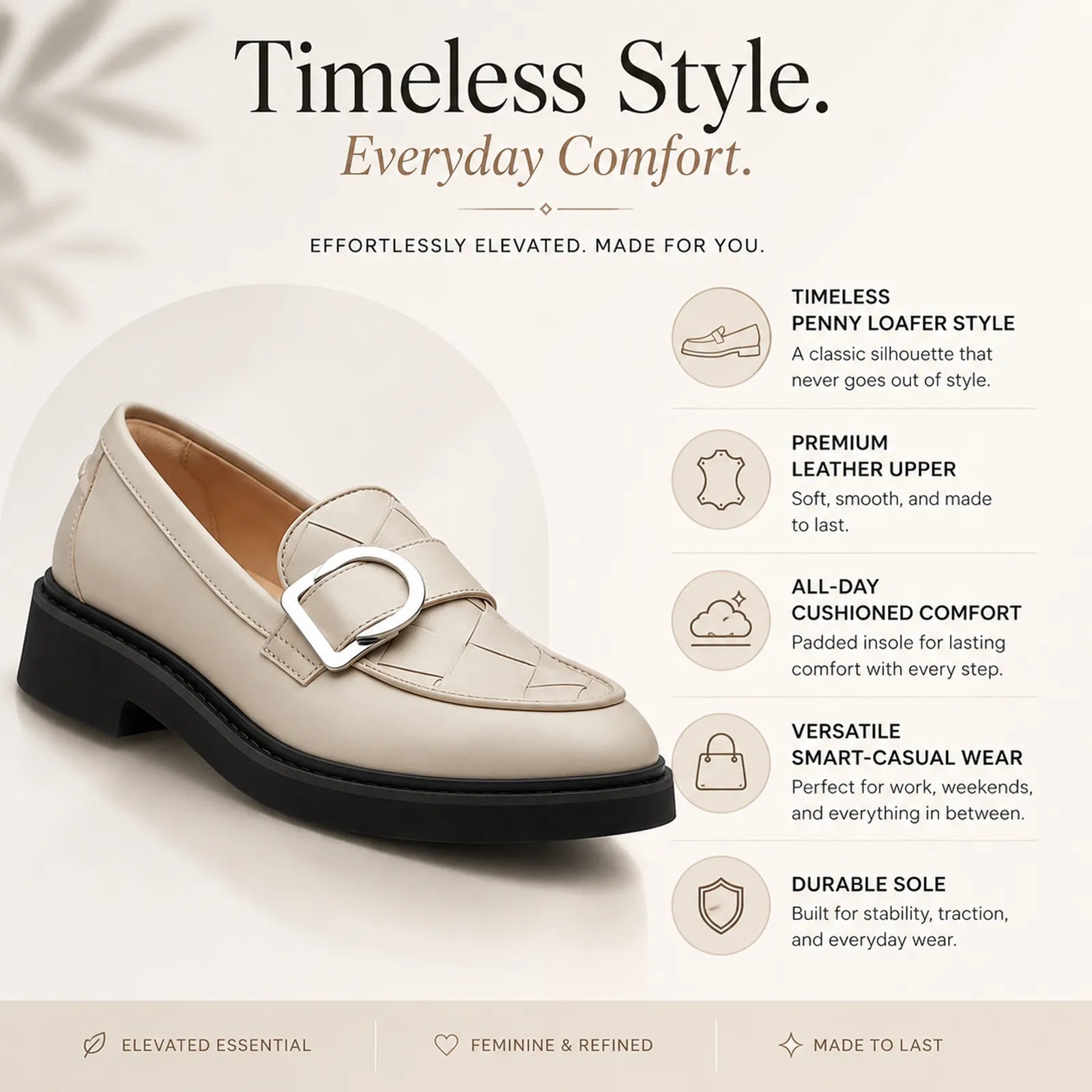 Beige leather penny loafers with metal buckle and black cushioned outsole